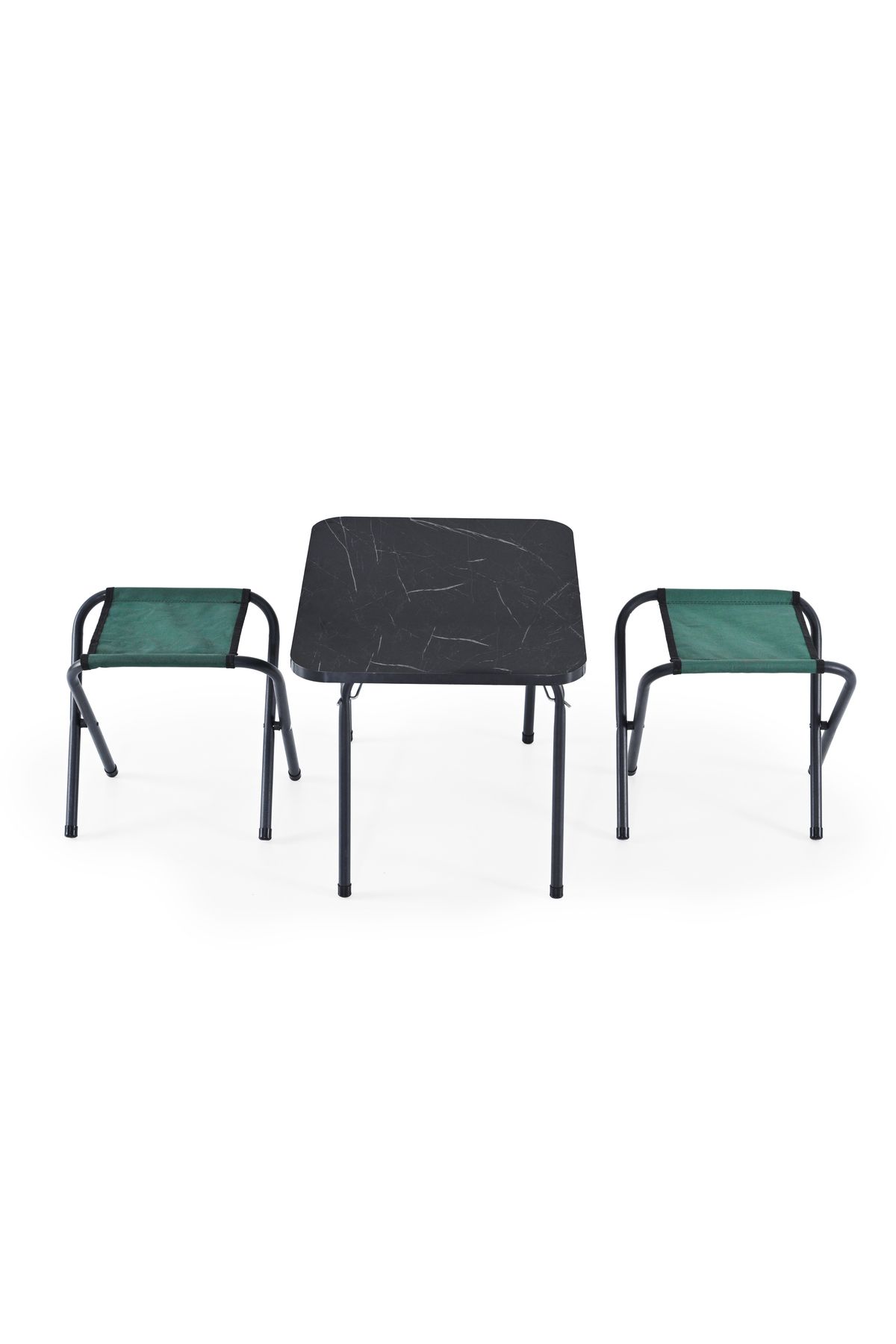 Remaks 2 adet Katlanır 2li Piknik Kamp Plaj Taburesi Mavi Ve 60x80 cm Siyah Mermer Katlanır Kamp Masası