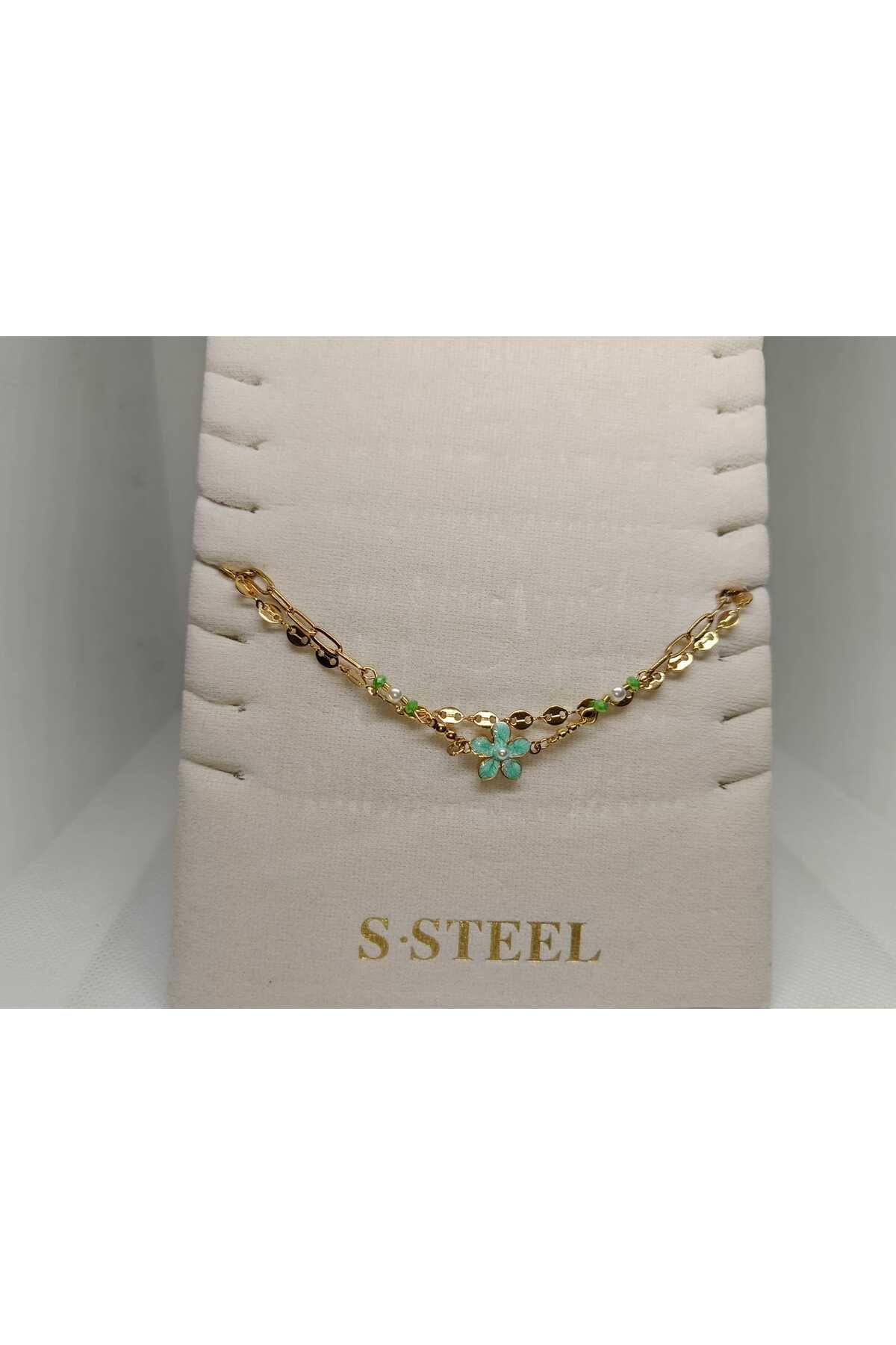 Store 316l Çiçek Detaylı Boncuklu Paslanmaz Çelik Gold Halhal