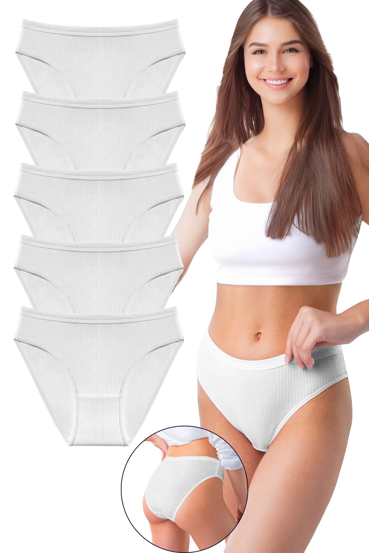 Bravie Kadın 5'li Organik Pamuk Fitilli Bikini Külot Bk2-Beyaz