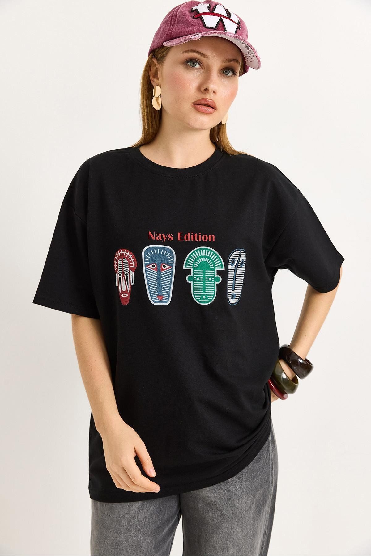 Raneel Kazançlı Alışveriş Baskılı Oversize Tshirt Siyah