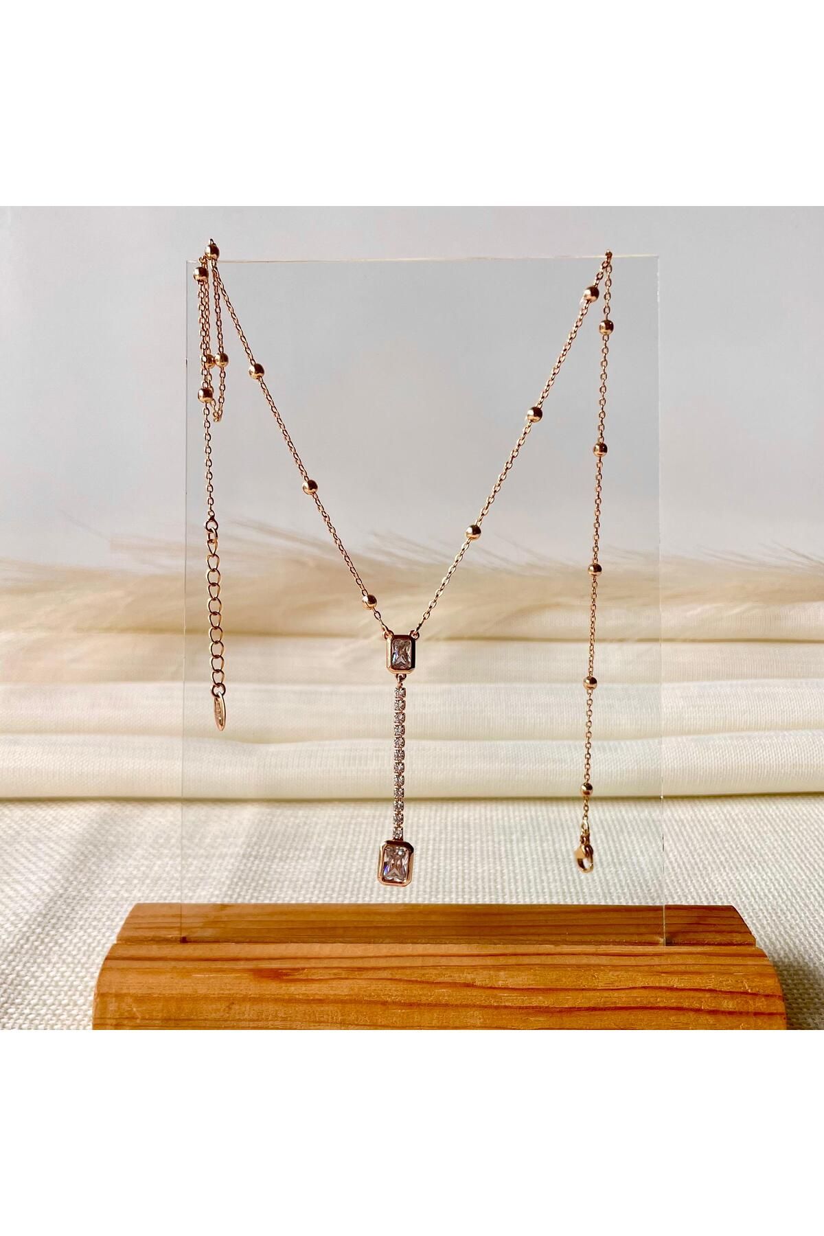 See Shine Accessory Rose Gold Zirkon Taşlı Y Kolye, 14K Altın Kaplama Kolye