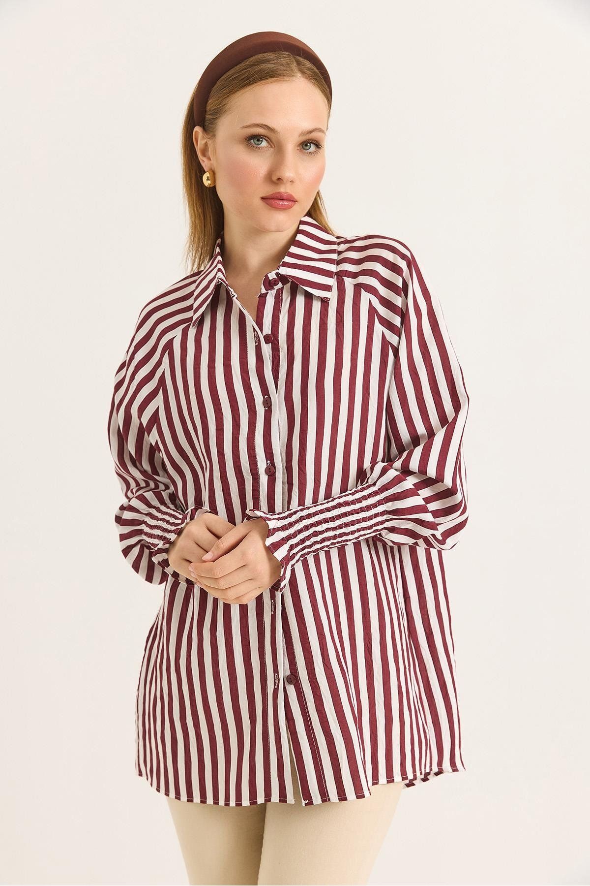 Raneel Kazançlı Alışveriş Manşet Detaylı Oversize Şık Gömlek Bordo