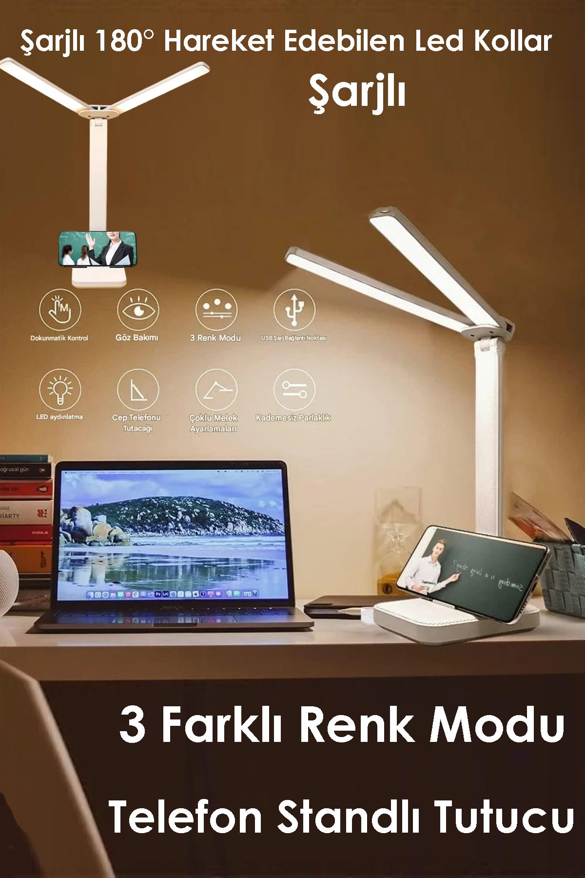nextbuy Şarjlı Dokunmatik Telefon 3Işık Modu Strandlı Katlanabilir Masa Gece Lambası Led Beyaz Beyaz BKL-L2