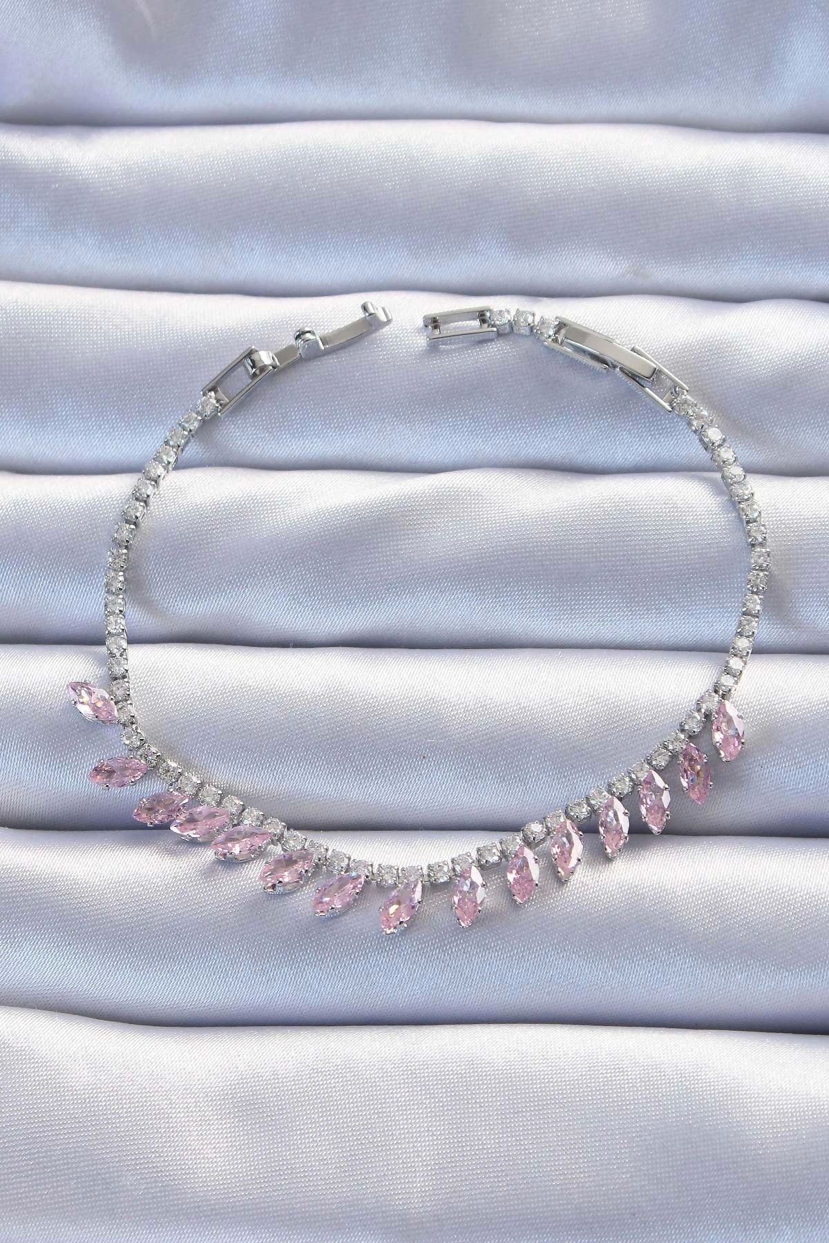 OurStyles Pirinç Vip Seri Gümüş Renk Pembe Zirkon Taşlı Bileklik - TJ-BB6326