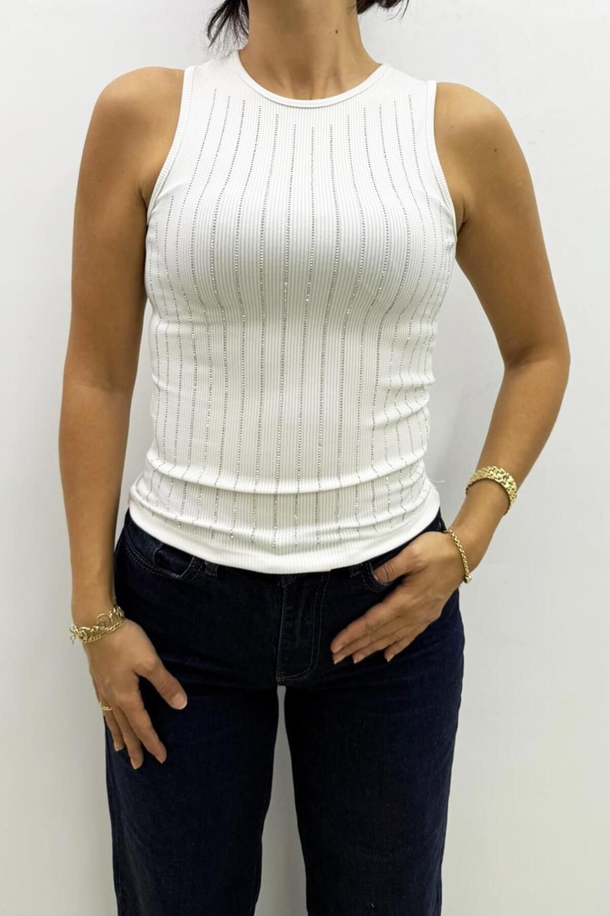 Flame İstanbul Butik Taşlı Kaşkorse Beyaz Body - MGN4815