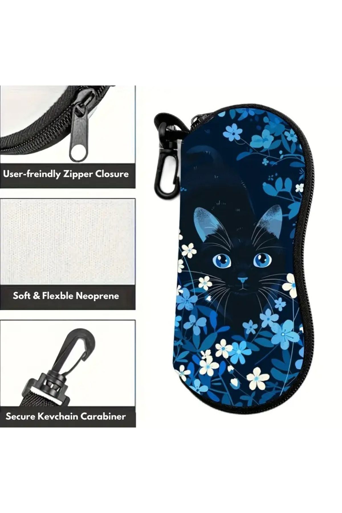 TATA CRAFT NEOPRAN KEDİ TEMALI GÖZLÜK KORUMA KILIFI MODA ASKI KANCALI