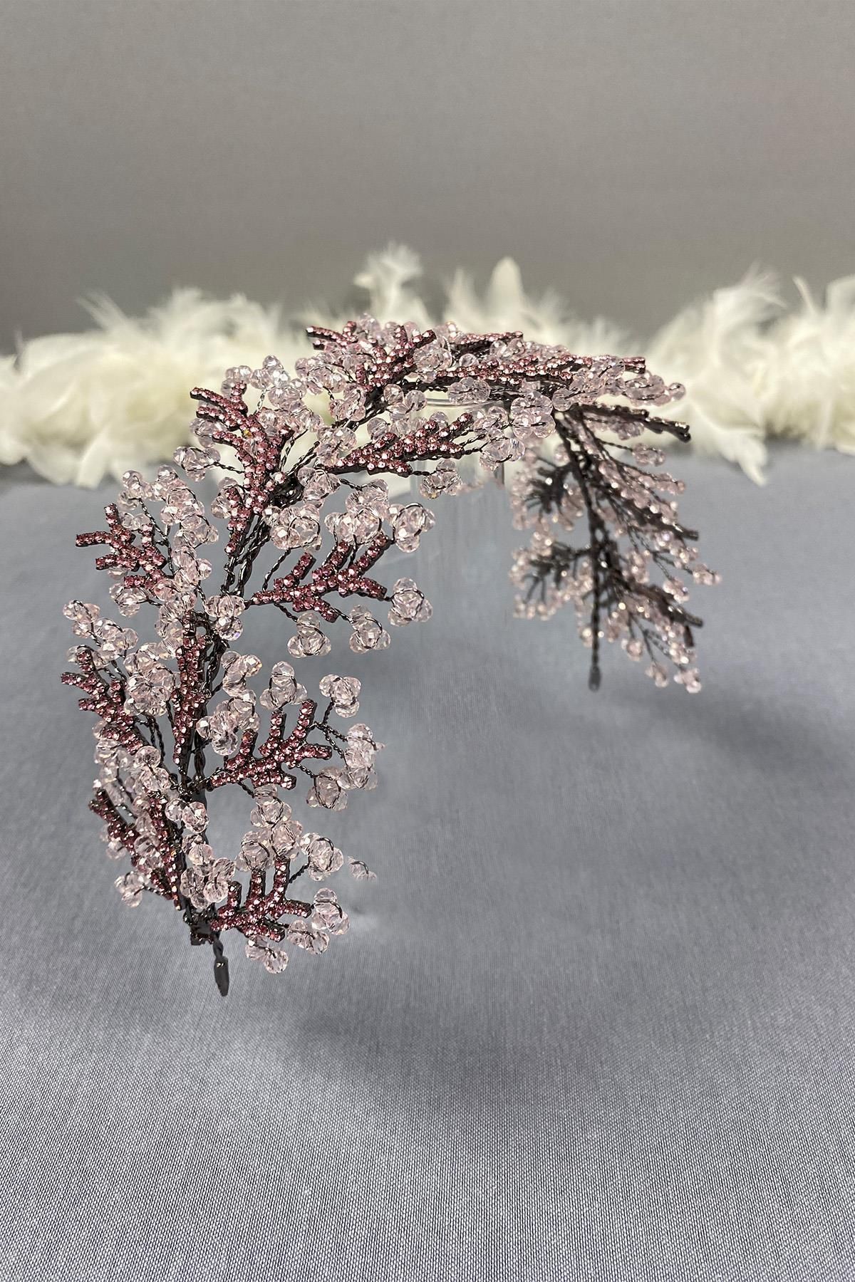Limelia Pembe Arden Kristal Boncuklu Saç Bandı ve Gelin Kına Tacı