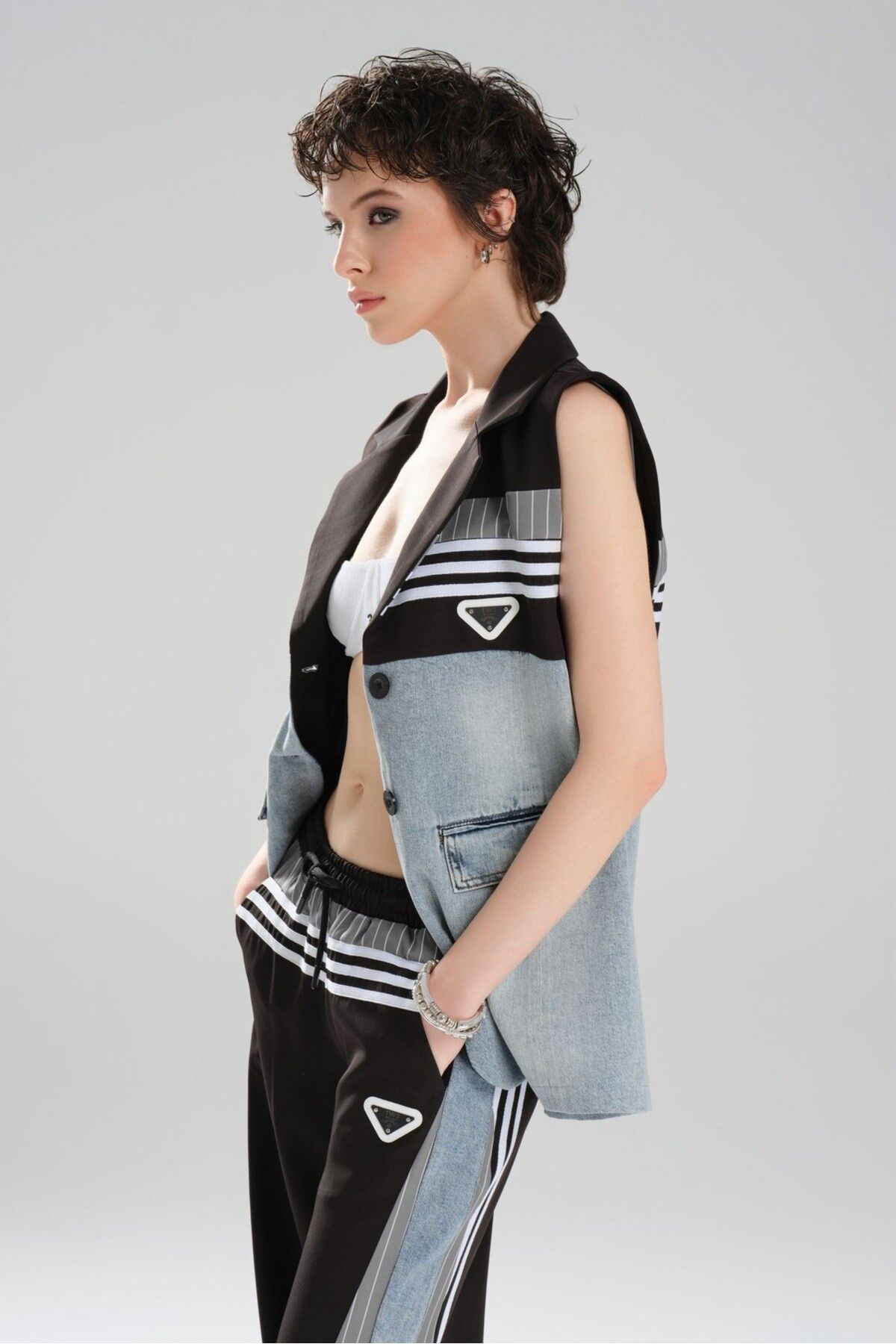 tw3 Kadın Şerit Detaylı ve Denim Garnili Tasarım Oversize Yelek