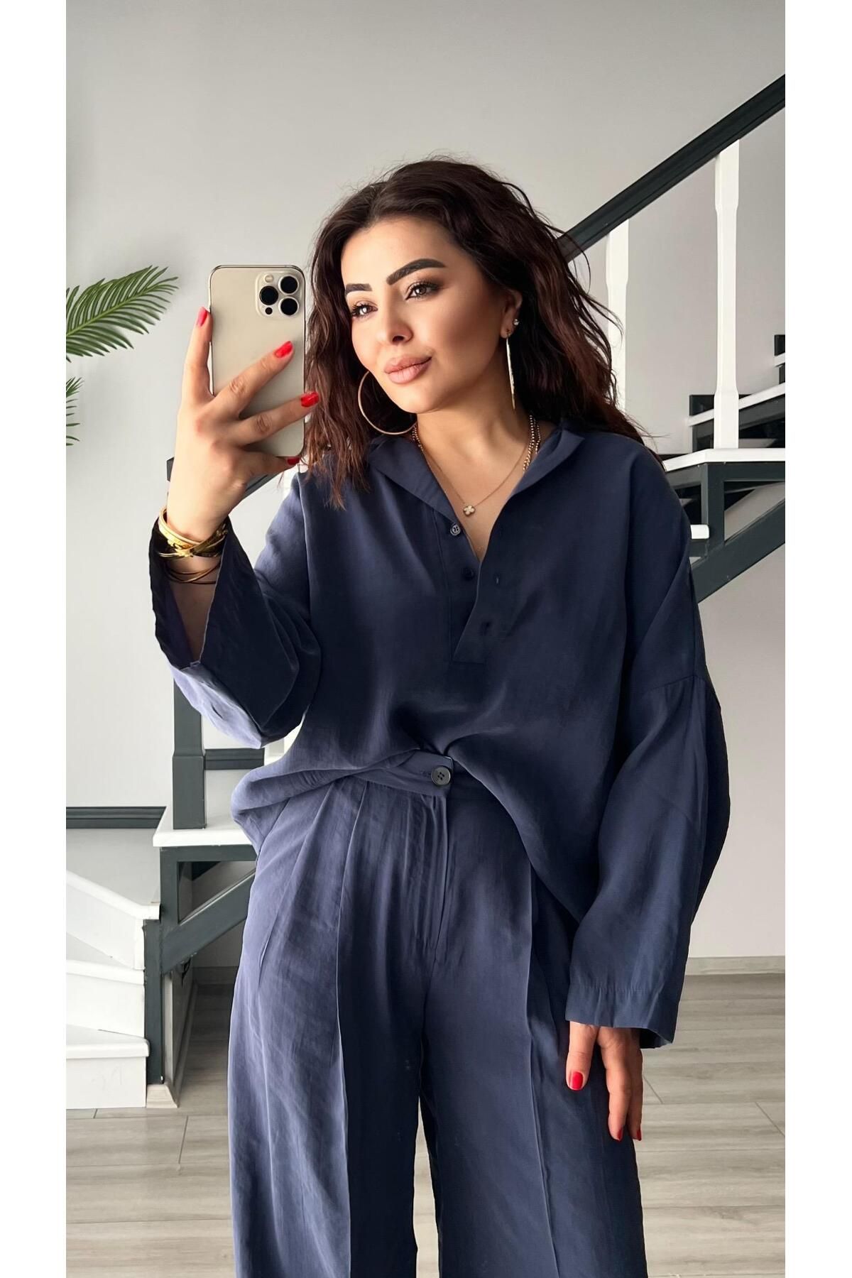 Oslove İndigo Tnsel Gömlek Yaka Bluz