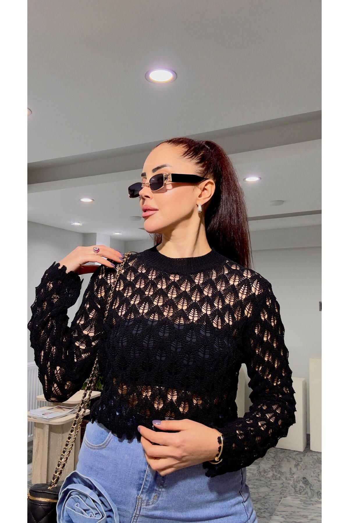 MODA viskon kumaş ajurlu uzun kollu bluz