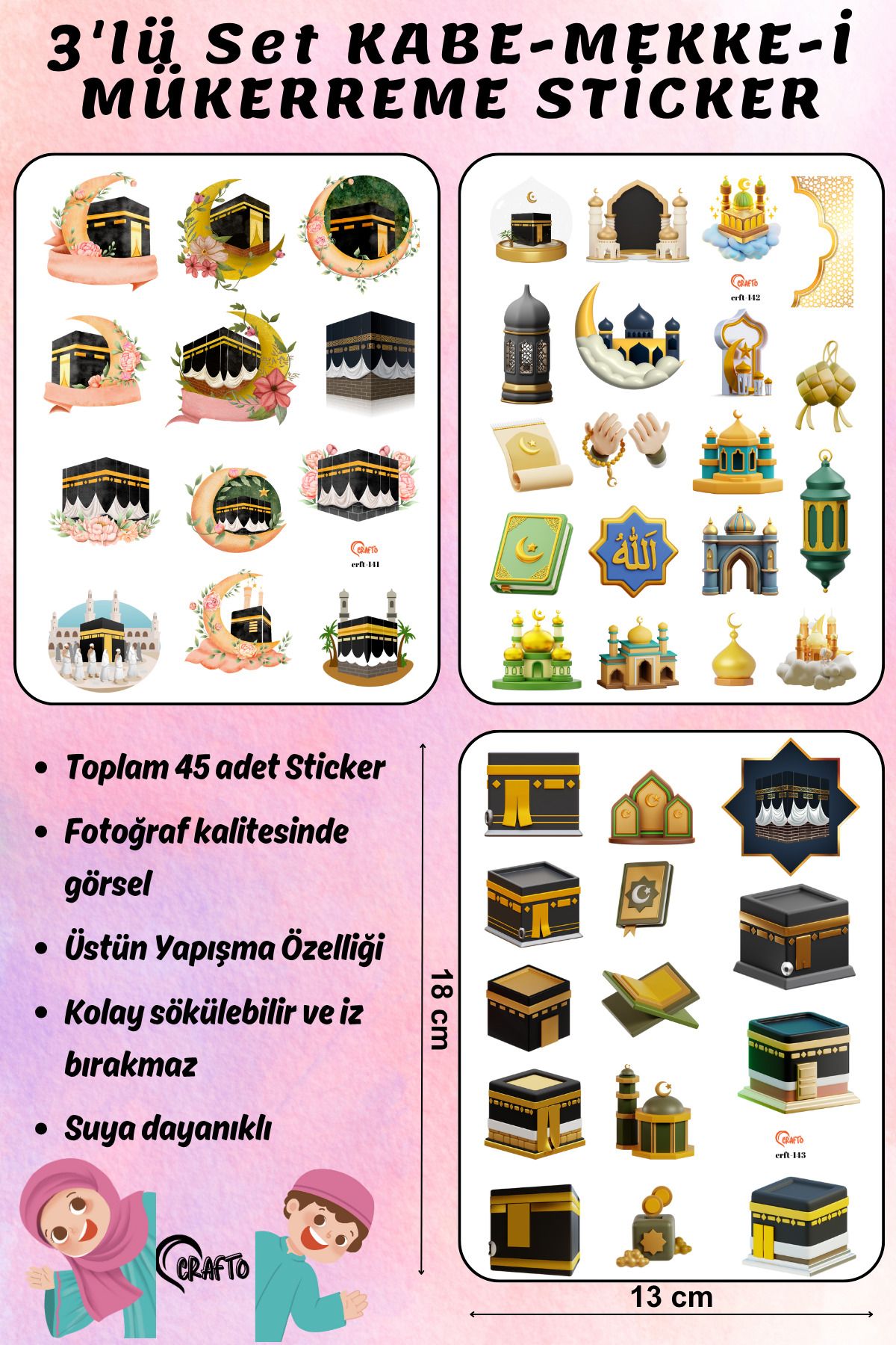 Crafto 3'lÜ SET KABE-MEKKE-İ MÜNEVVERE-MESCİD 3 BOYUTLU KALİTELİ BASKI STİCKER,SCRAPBOOK