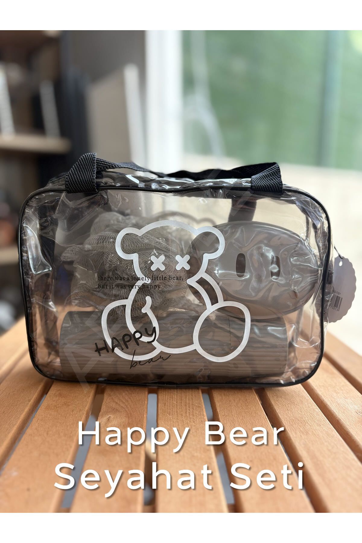 ARVALE HAPPY BEAR Seyahat Seti | Şeffaf Organizer Çanta ile Duş Lifi, Sabunluk, Tarak