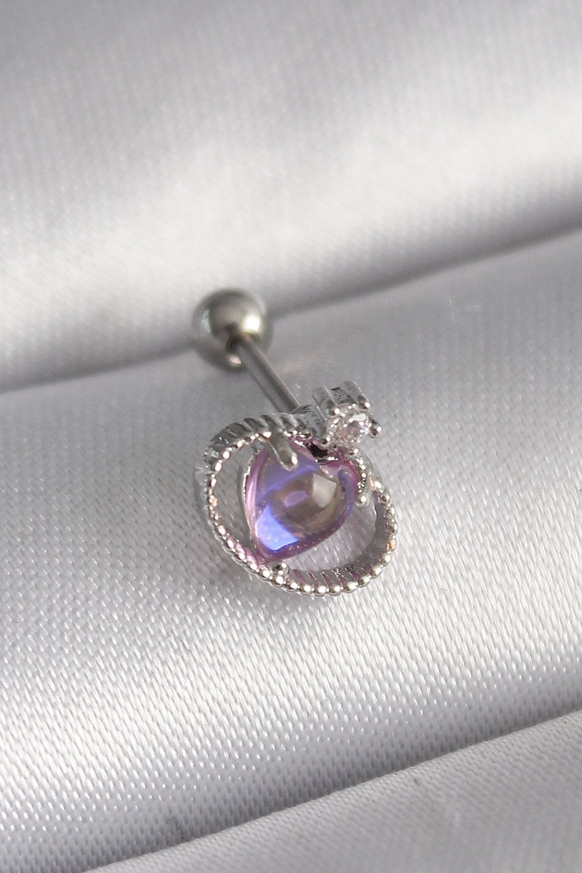 OurStyles 316L Çelik Gümüş Renk Mor Mineli Kalp Zirkon Taş Detay Tragus Piercing - TJ-PR1273