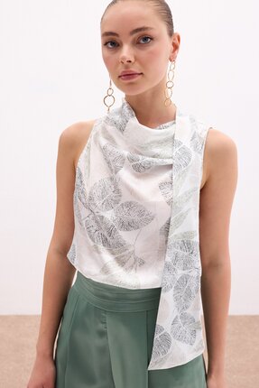 Sateen Fularlı Desenli Bluz - Haki