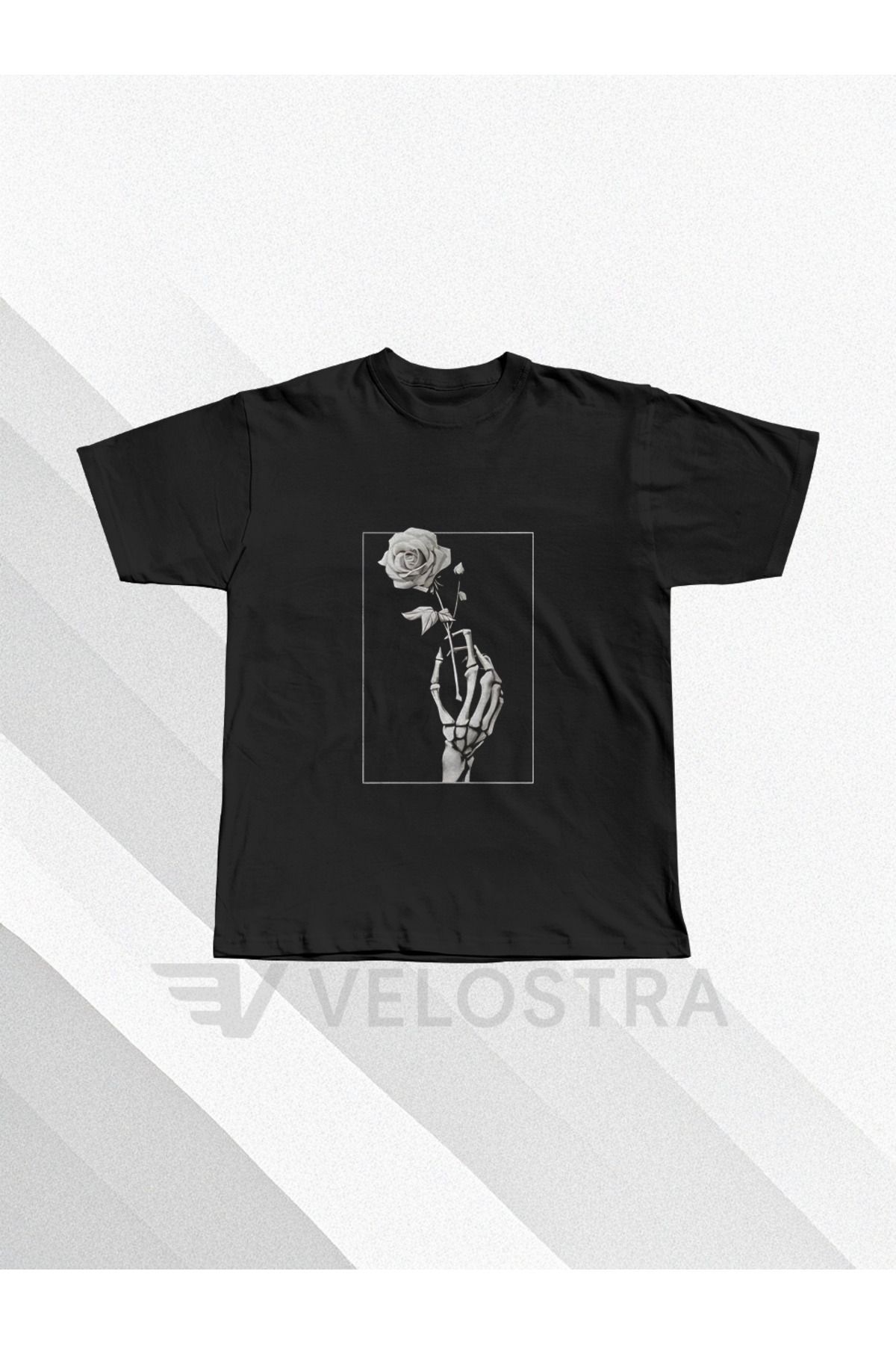 Velostra Unisex Gül Tutan İskelet baskılı Penye Oversize T-shirt