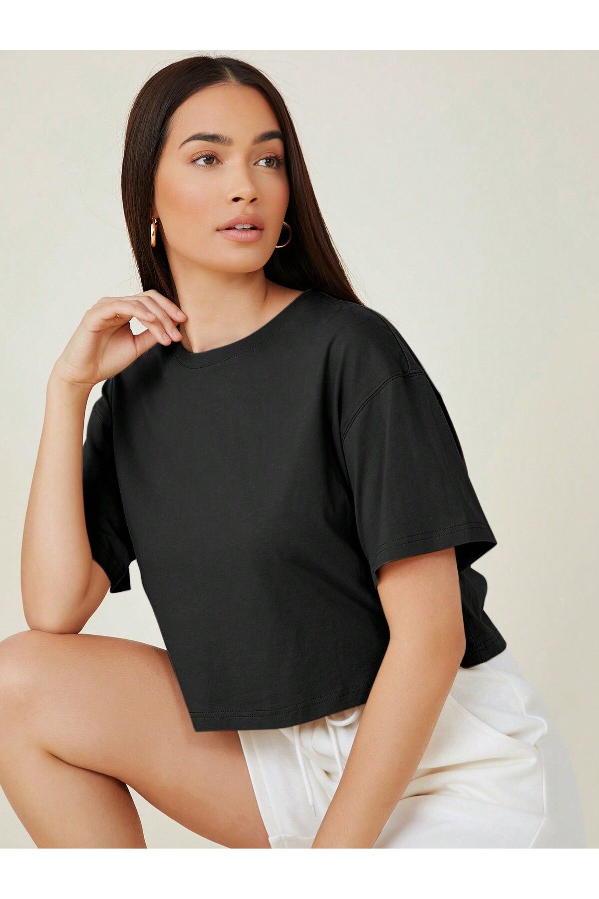 Gollinger KADIN Rahat Kesim Bisiklet Yaka Crop T-shirt