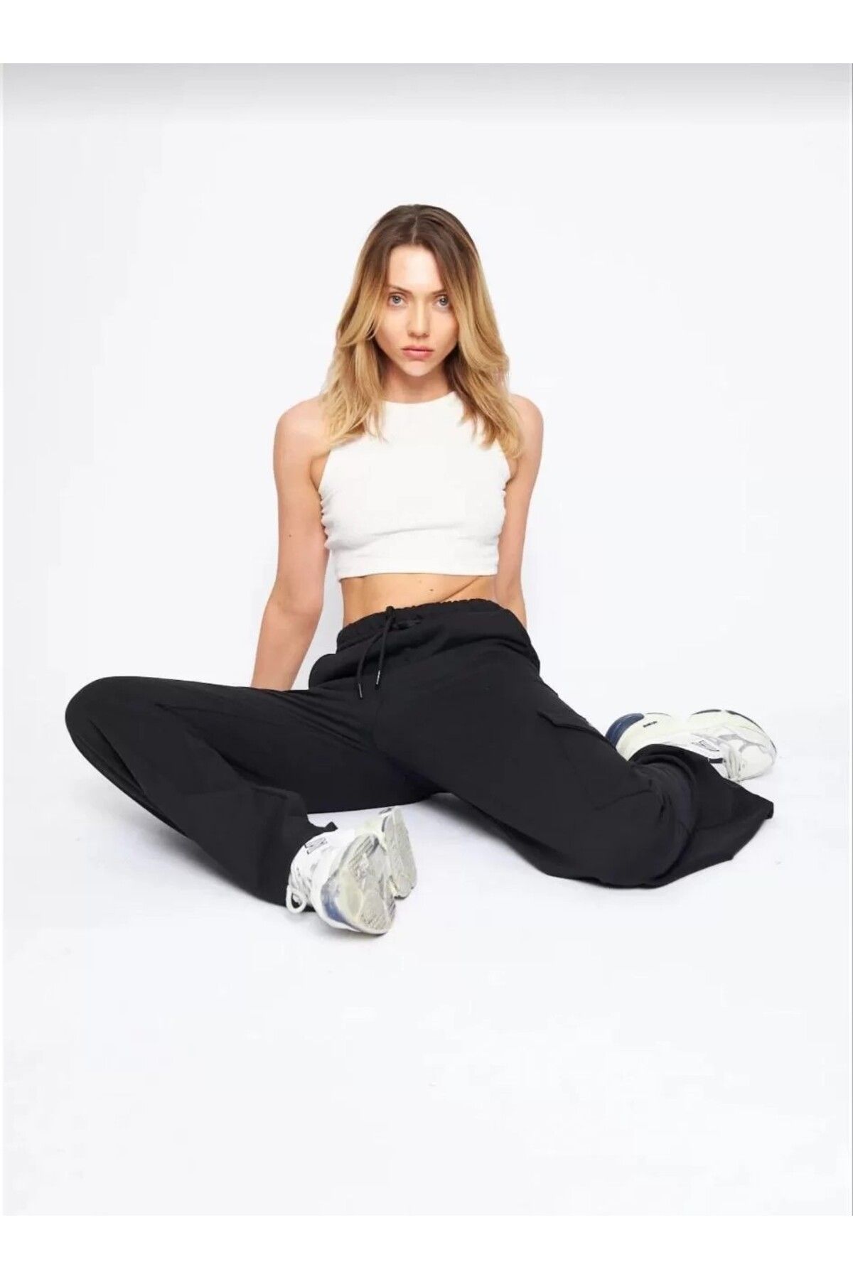 AMO Kargo Cepli Palazzo Oversize Kesim İki iplik Bol Paça Eşofman Altı Pantalon - Siyah