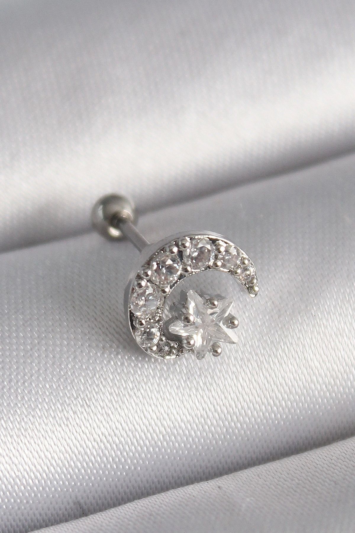 OurStyles 316L Çelik Gümüş Renk Zirkon Taşlı Ay Yıldız Tragus Piercing - TJ-PR1257