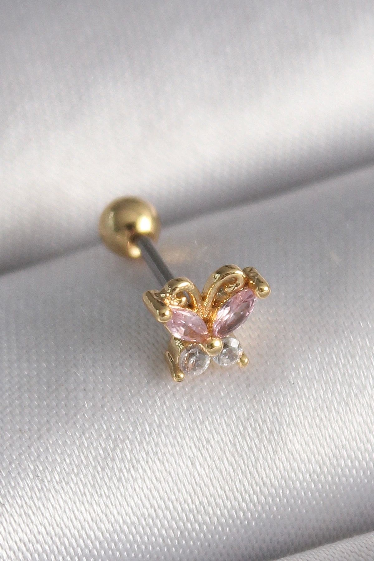 OurStyles 316L Çelik Gold Renk Pembe Zirkon Taşlı Kelebek Tragus Piercing - TJ-PR1240