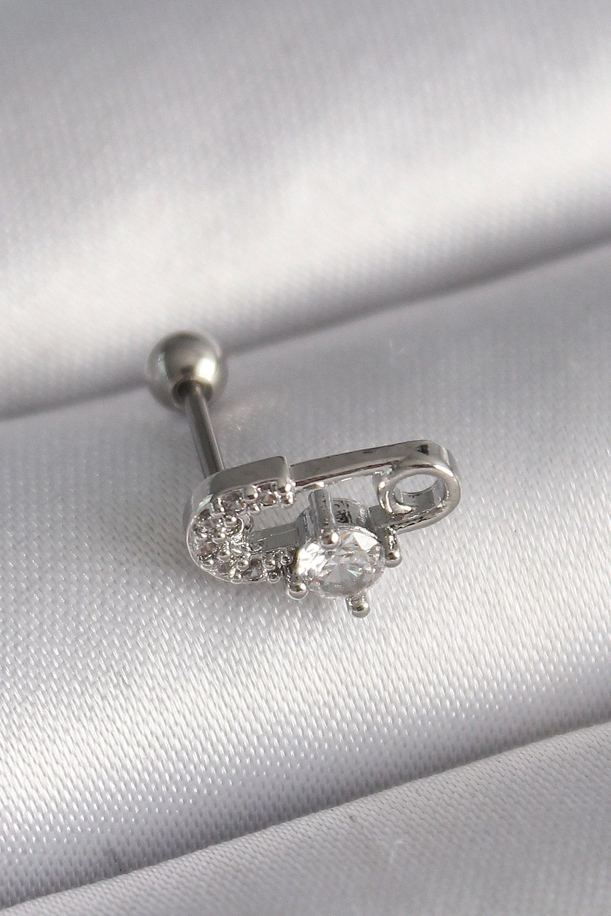 OurStyles 316L Çelik Gümüş Renk Zirkon Taşlı Toplu İğne Tragus Piercing - TJ-PR1275