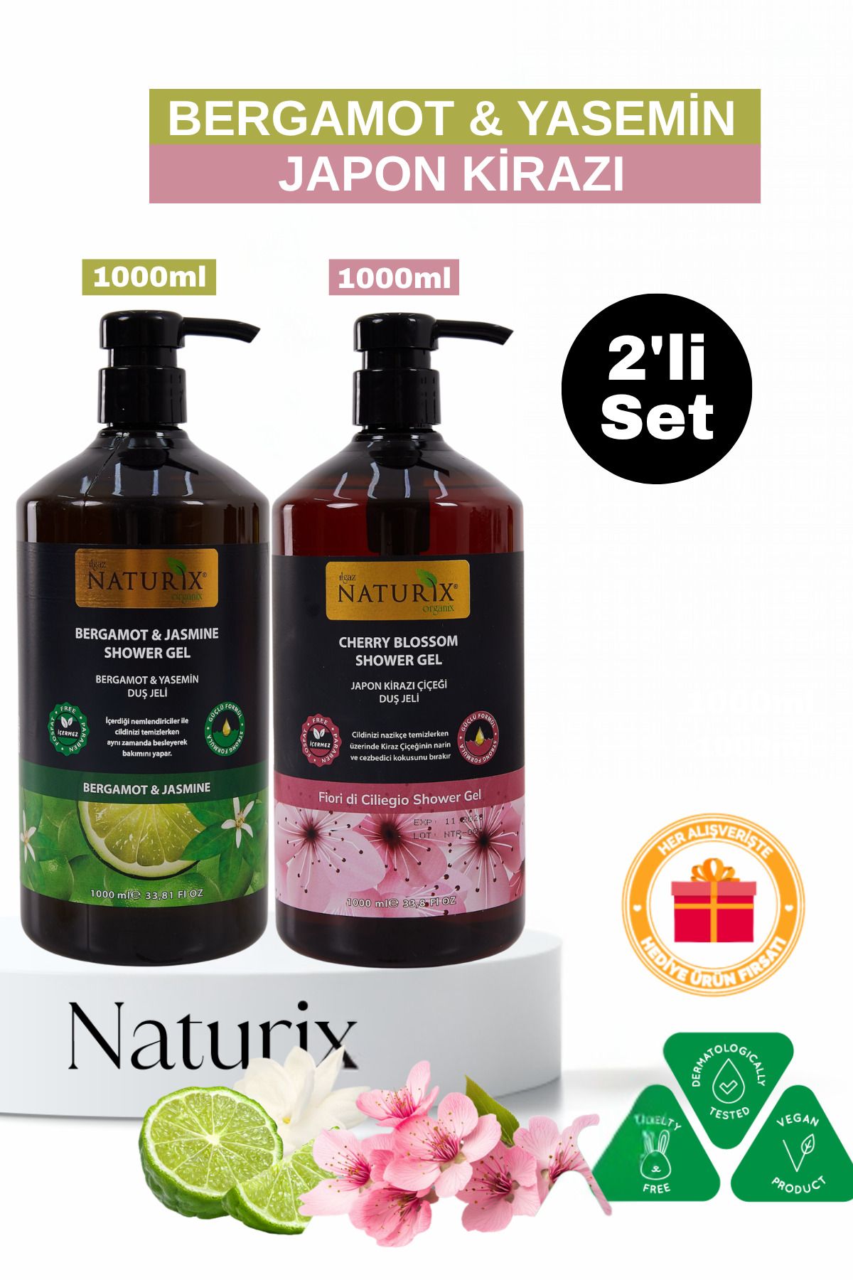Naturix Bergamot Yasemin & Japon Kiraz Çiçeği Duş Jeli 2'li Set Nemlendirici ve Ferahlatıcı Bakım - 2x1000ml