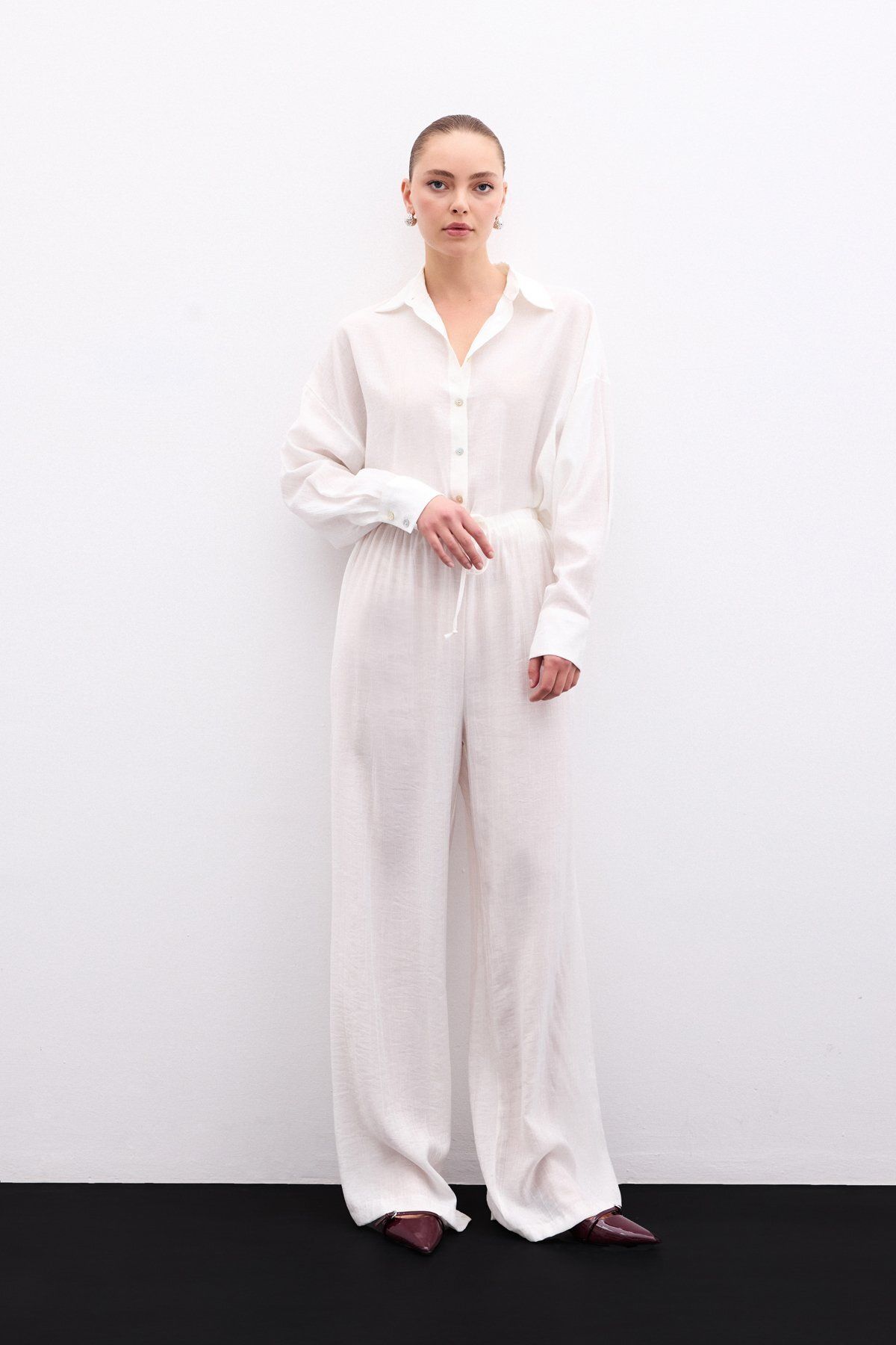 Sateen-Elastic Waist Trousers - Ecru 5