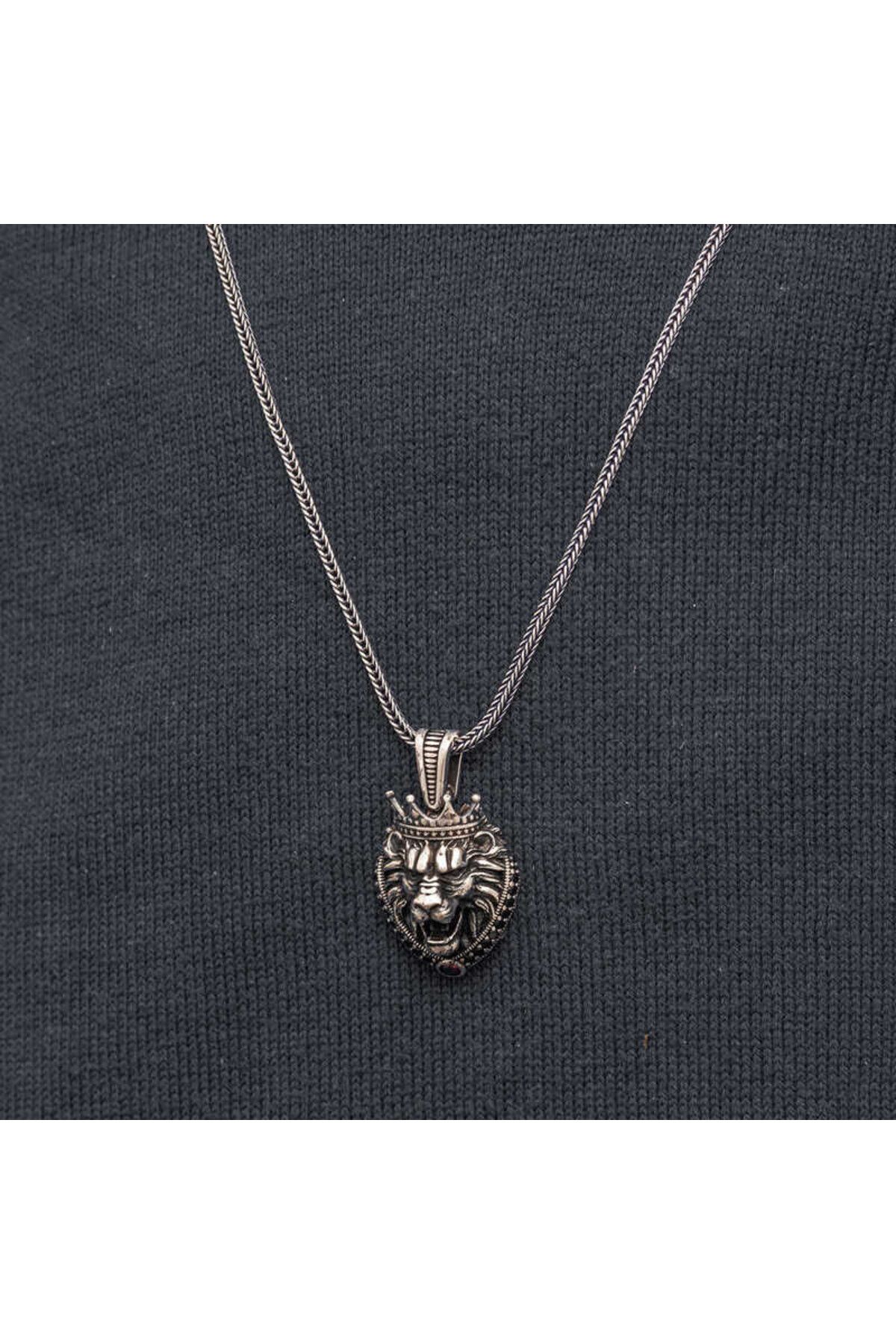 shop Taçlı Aslan Figürlü 925 Ayar Gümüş Erkek Kolye