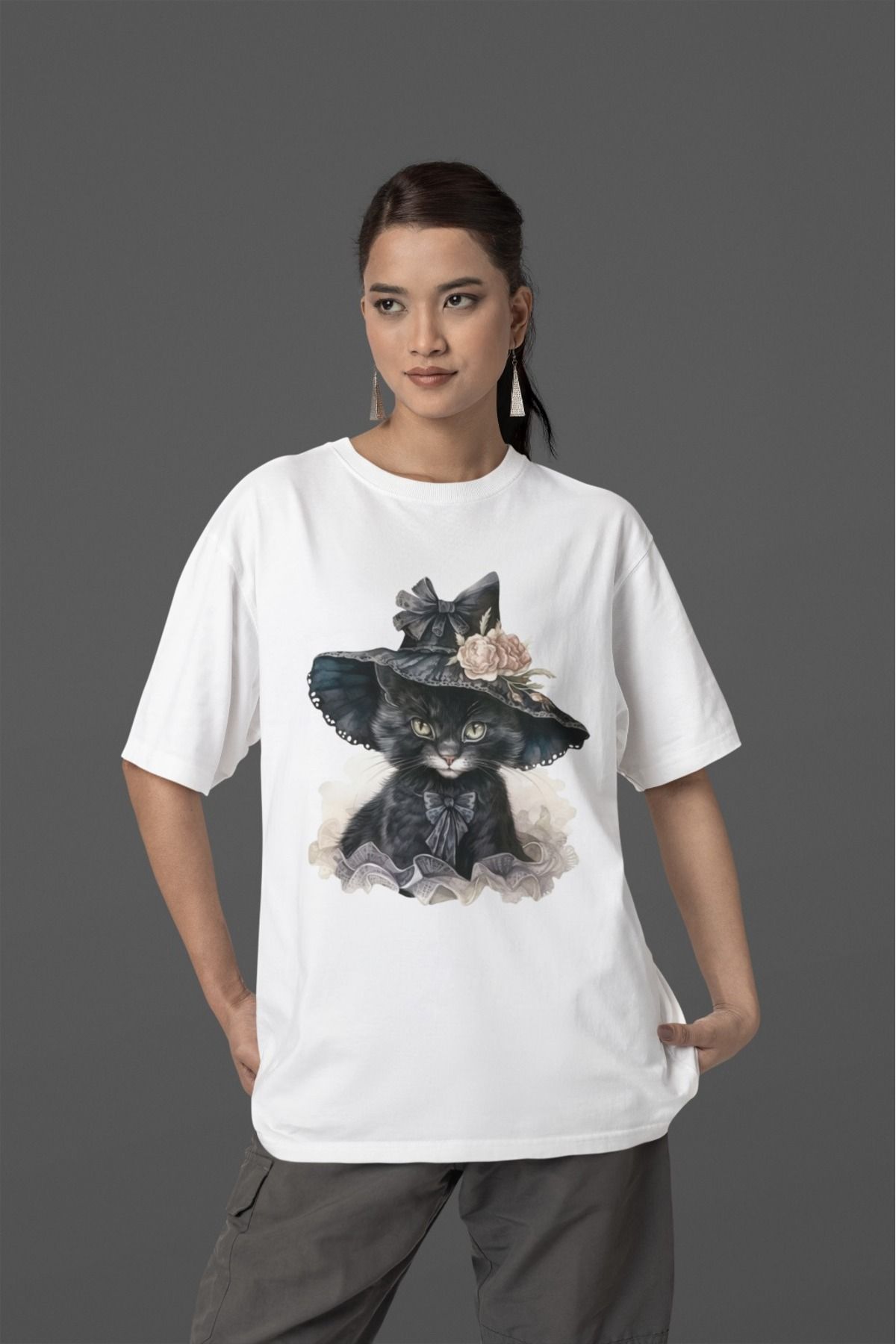 Butik %100 PAMUK KADIN/KIZ -PRENSES KEDİ- TRANSFER BASKILI YUVARLAK YAKA KISA KOL TİŞÖRT
