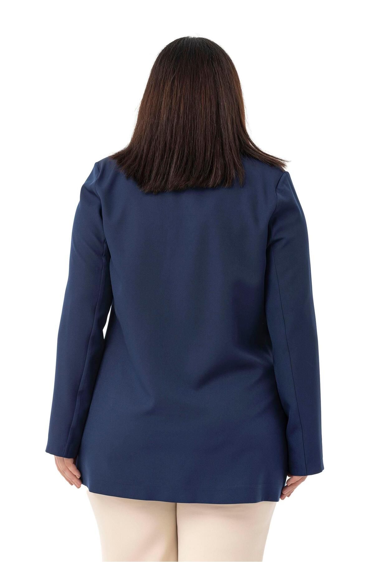 DISENTIS MODEST-Plus Size Coated Buttoned Double Breasted Navy Blue Unlined Jacket 3