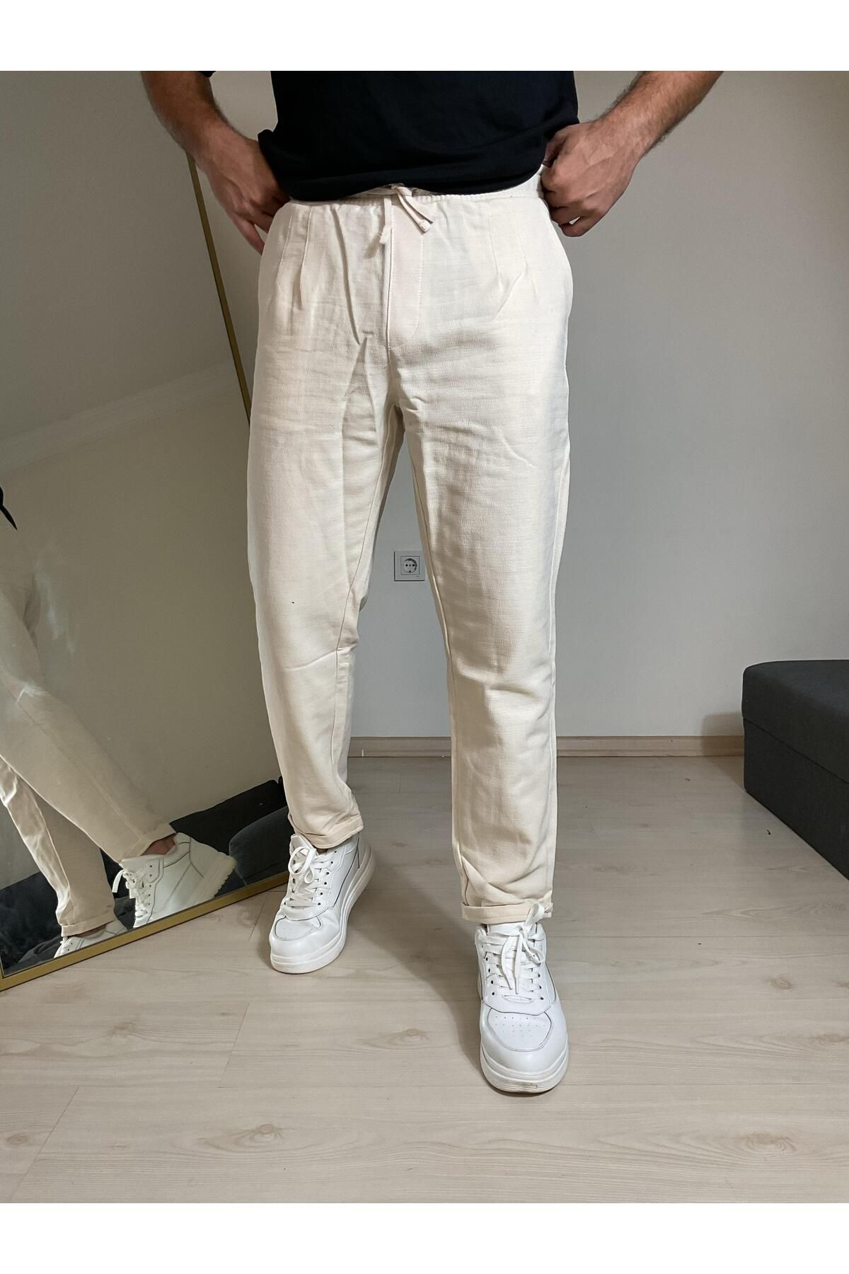 Z1MAN Ham Keten Boyfriend Double Paça Bej Pantolon