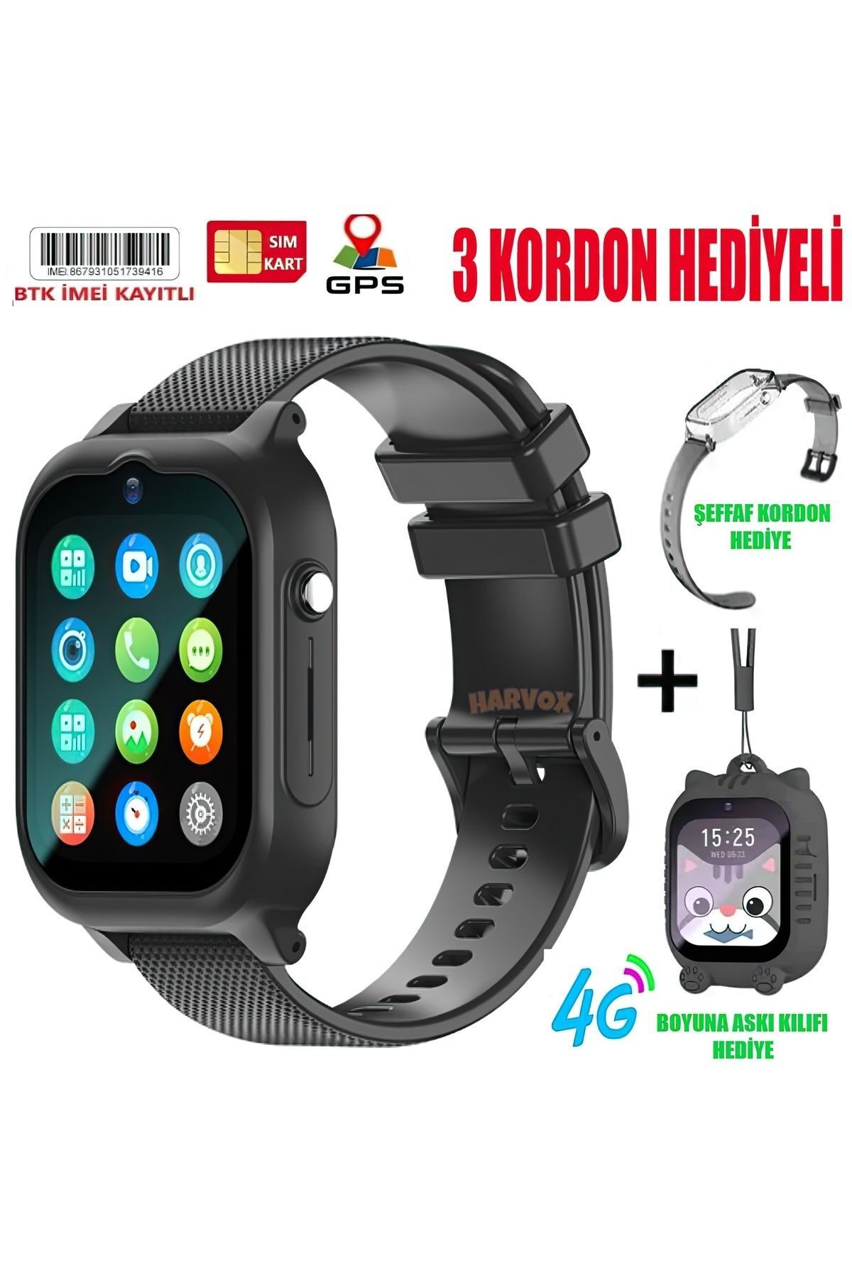 teknotrust HARVOX 4G MAX SİM KARTLI GPS'Lİ ÇOCUK SAATİ (2 KORDON VE BOYUN ASKILIK KILIFI HEDİYEİ)-(2024 MODEL)