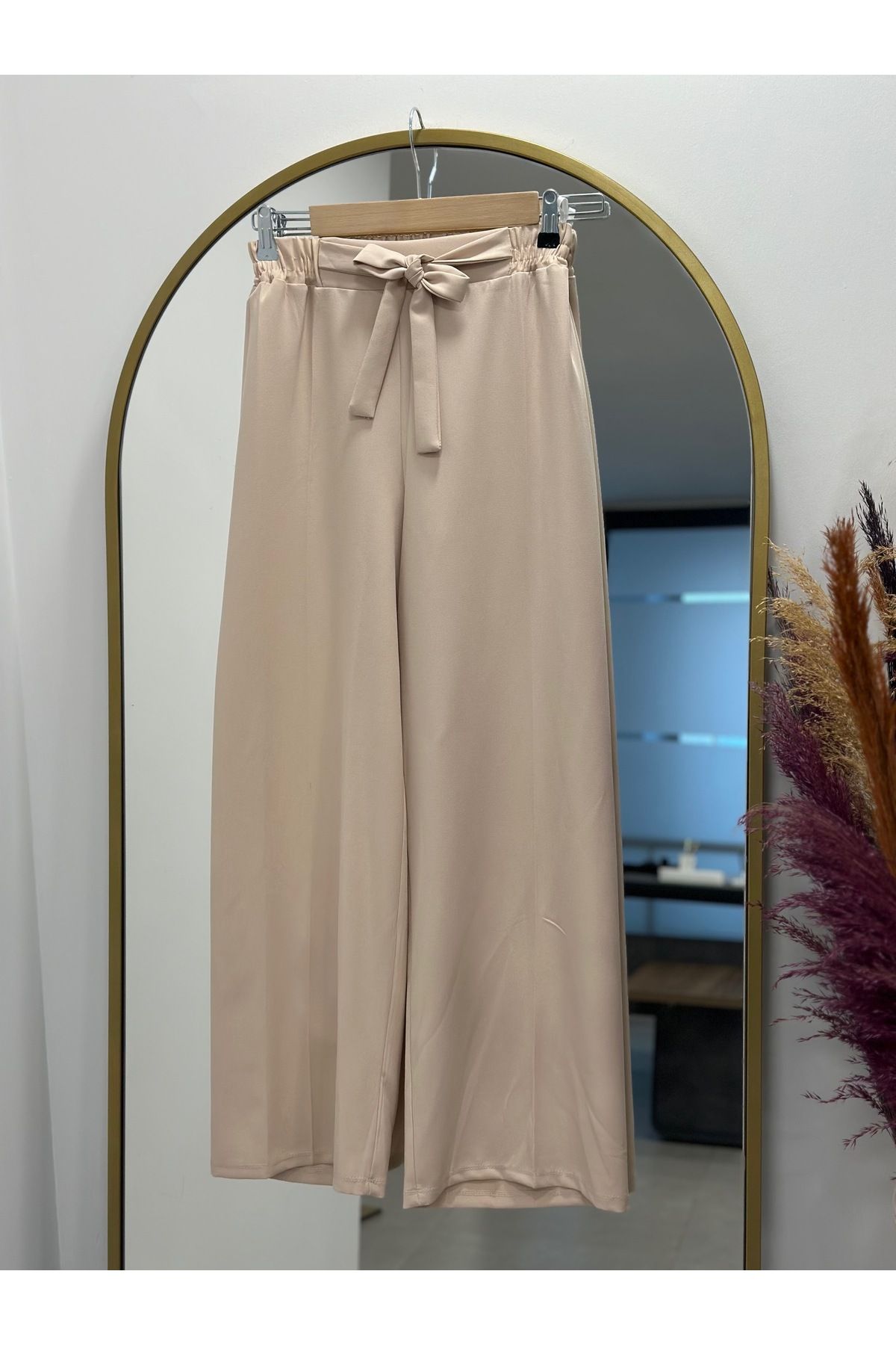 MİHRA STORE Asu Kuşaklı Bol Paça Pantolon-MT1445 Taş