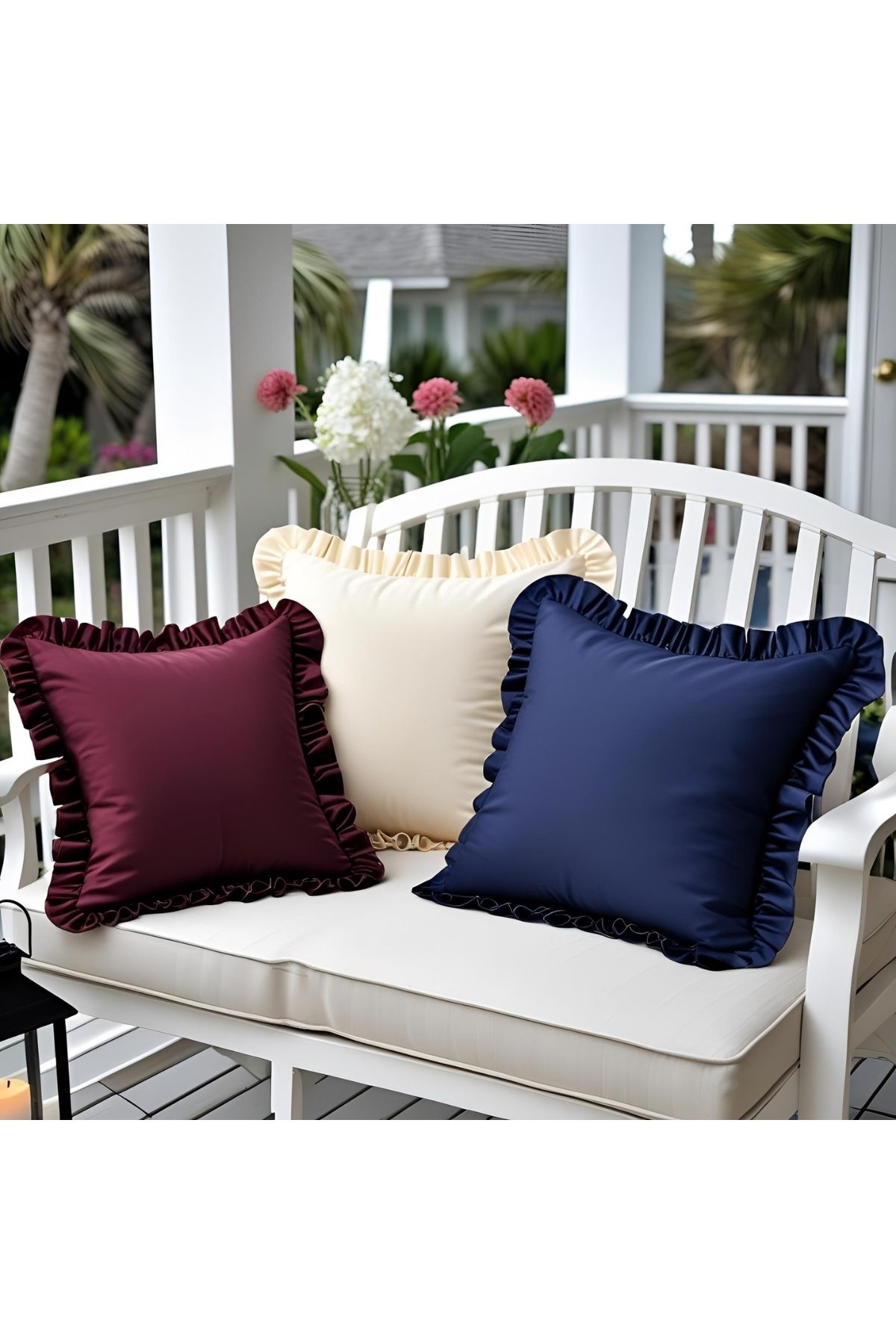 Bc Home 3'lü Bordo - Krem - Gece Mavisi Country Fırfırlı Kare Kırlent Kılıfı Vintage,iskandinav,bohem