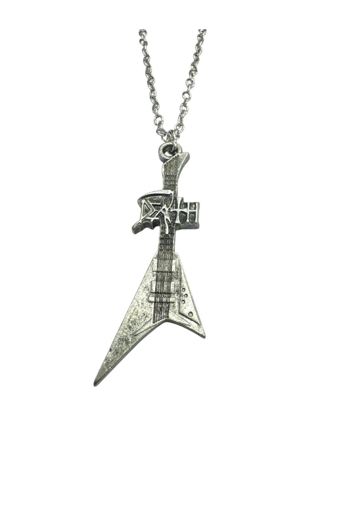 Herşey Nota Death Elektro Gitar Figürlü Rock Metal Grup Kolyesi – Unisex - Zamak Kaplama Zincir 60 cm