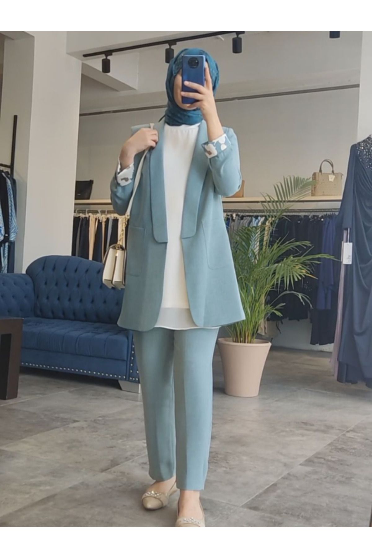 Zühre Cep Detaylı Ceket Pantolon Gri/Mavi Takım TK-1103