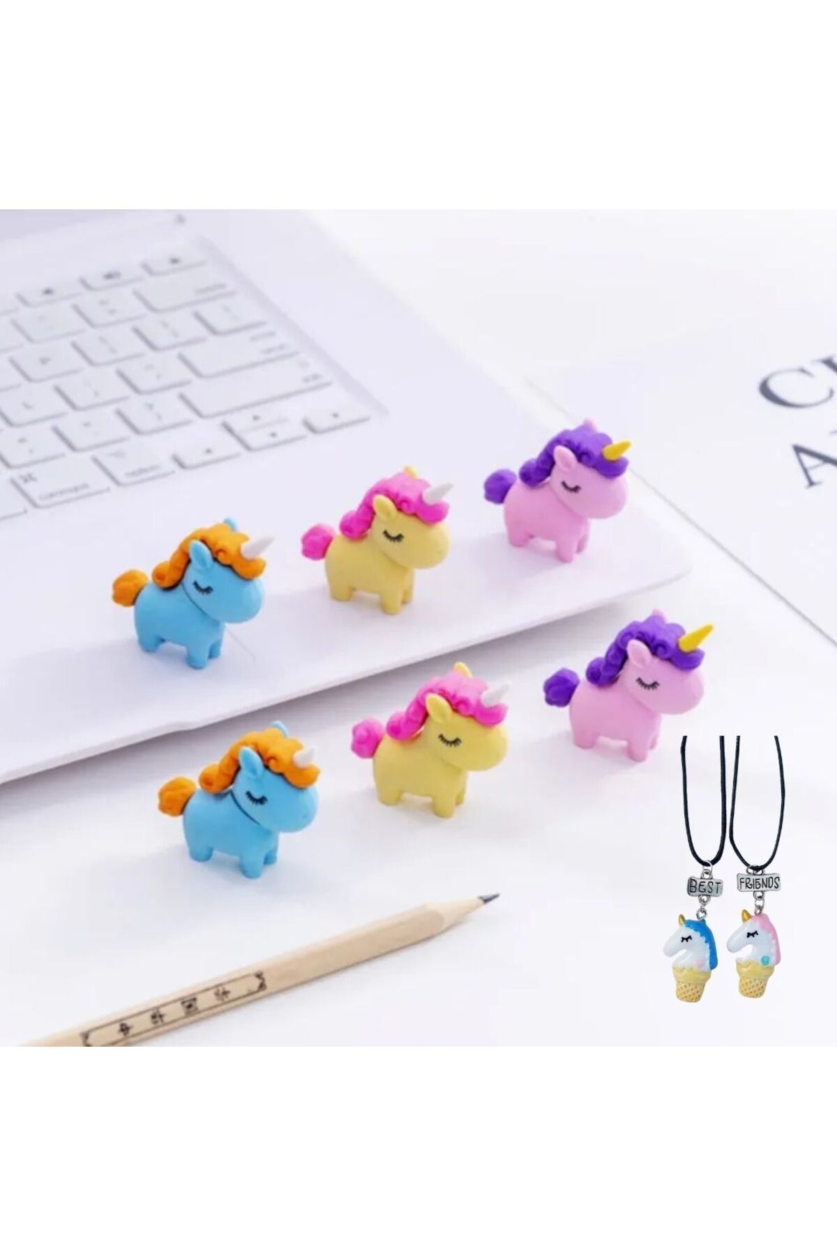 Çılgıntrend Sevimli Unicorn Silgi 3 Adet Best Friend Kolye