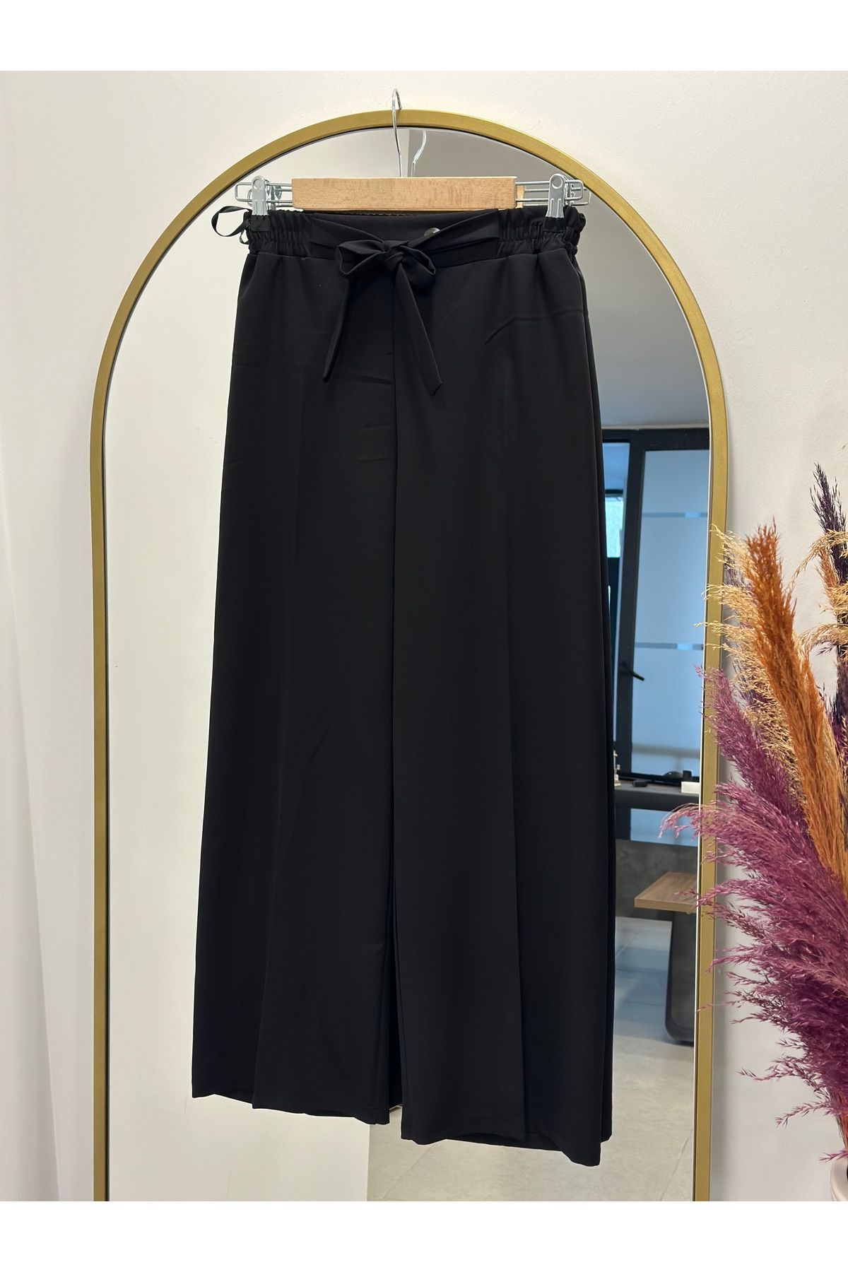 MİHRA STORE Asu Kuşaklı Bol Paça Pantolon-MT1445 Siyah