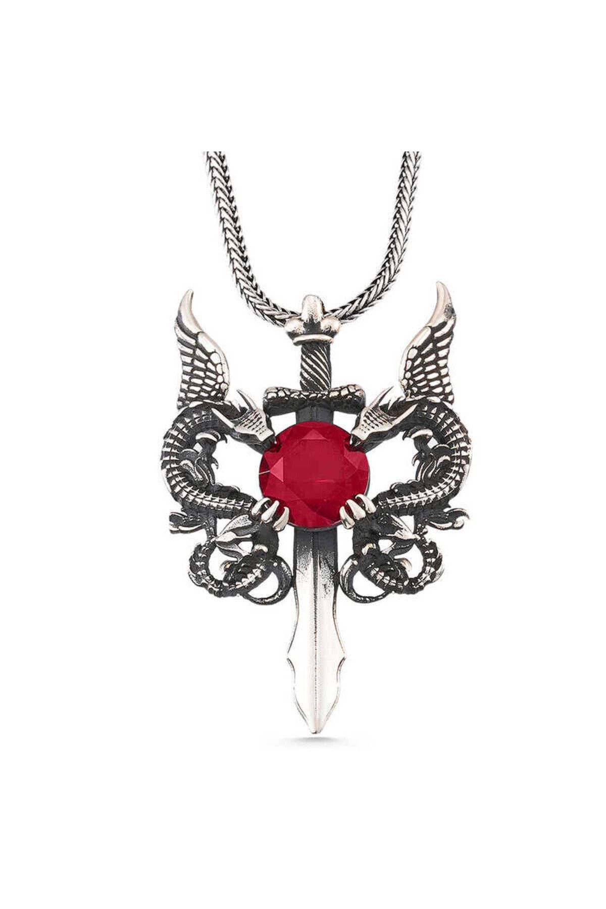 shop Kırmızı Taşlı Ejderha 925 Ayar Gümüş Erkek Kolye