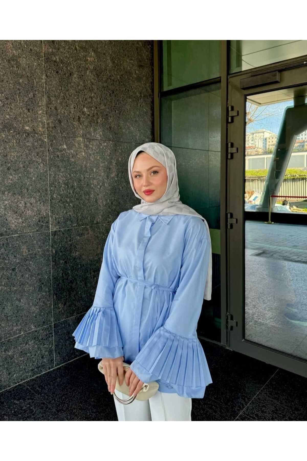 by nursel çiçek Kadın Trend Kolları Piliseli Poplin Gömlek