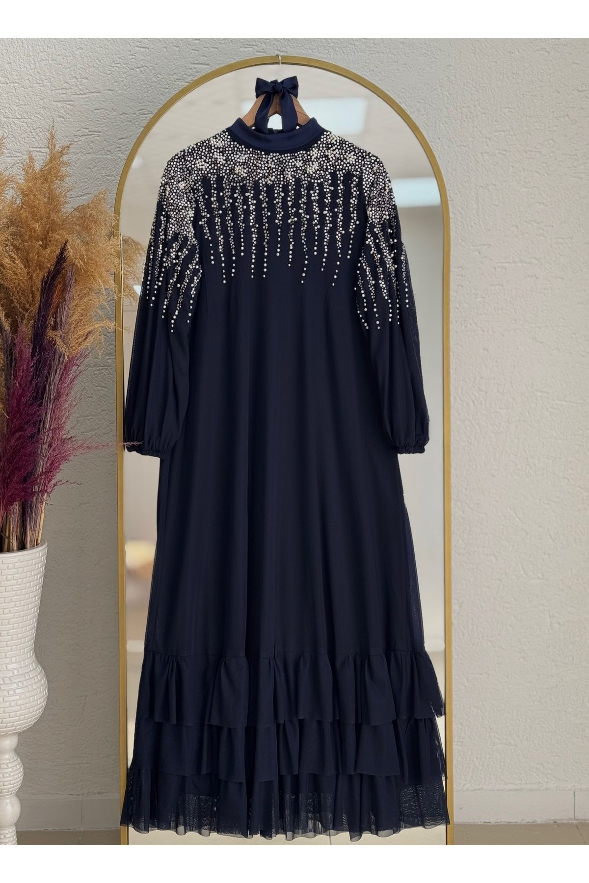 MİHRA STORE Nazenin Altı Fırfırlı Üstü Taşlı Abaya-GE752 Lacivert
