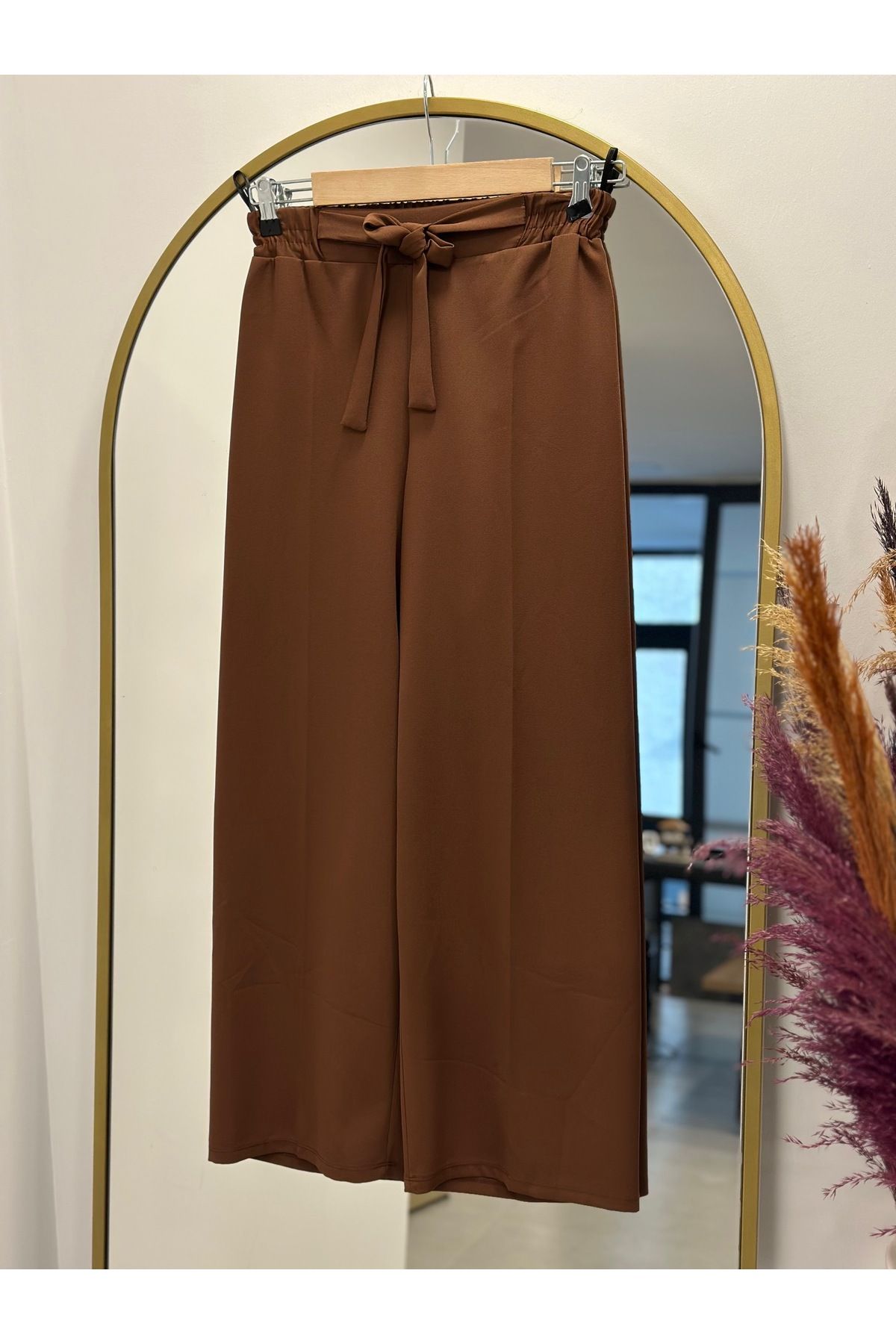 MİHRA STORE Asu Kuşaklı Bol Paça Pantolon-MT1445 Kahve
