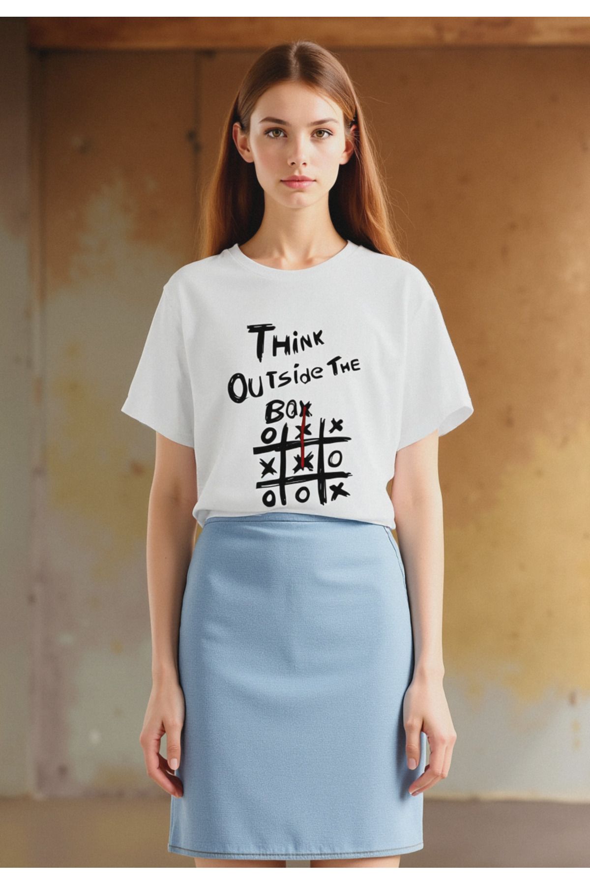 ELNOYA Unisex Pamuklu Beyaz Oversize "Think Out Side Time" Baskılı Rahat Günlük T-shirt