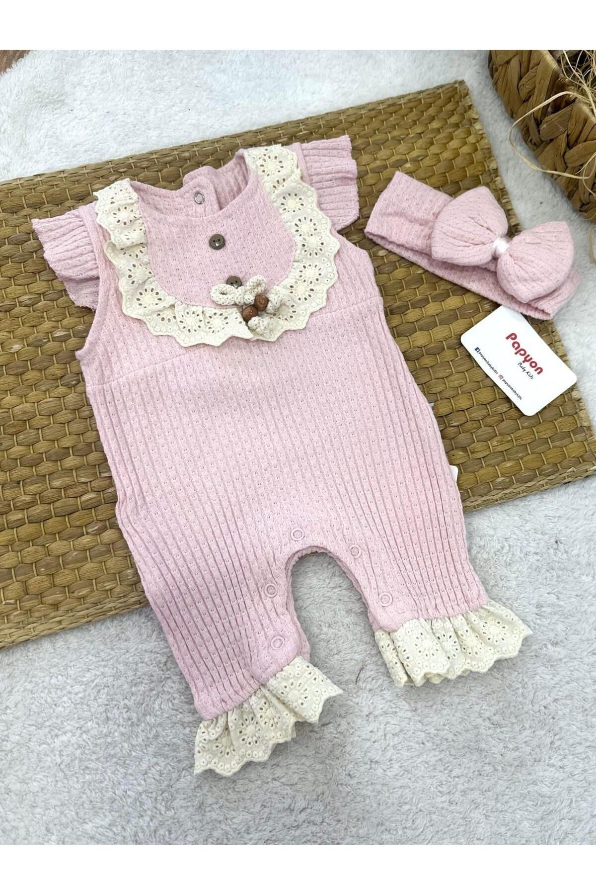 Papyon Baby Kids Taşlı Düğmeli Güpürlü Kız Bebek Jakarlı Şort Tulum (0-3/3-6/6-9/9-12 Ay)