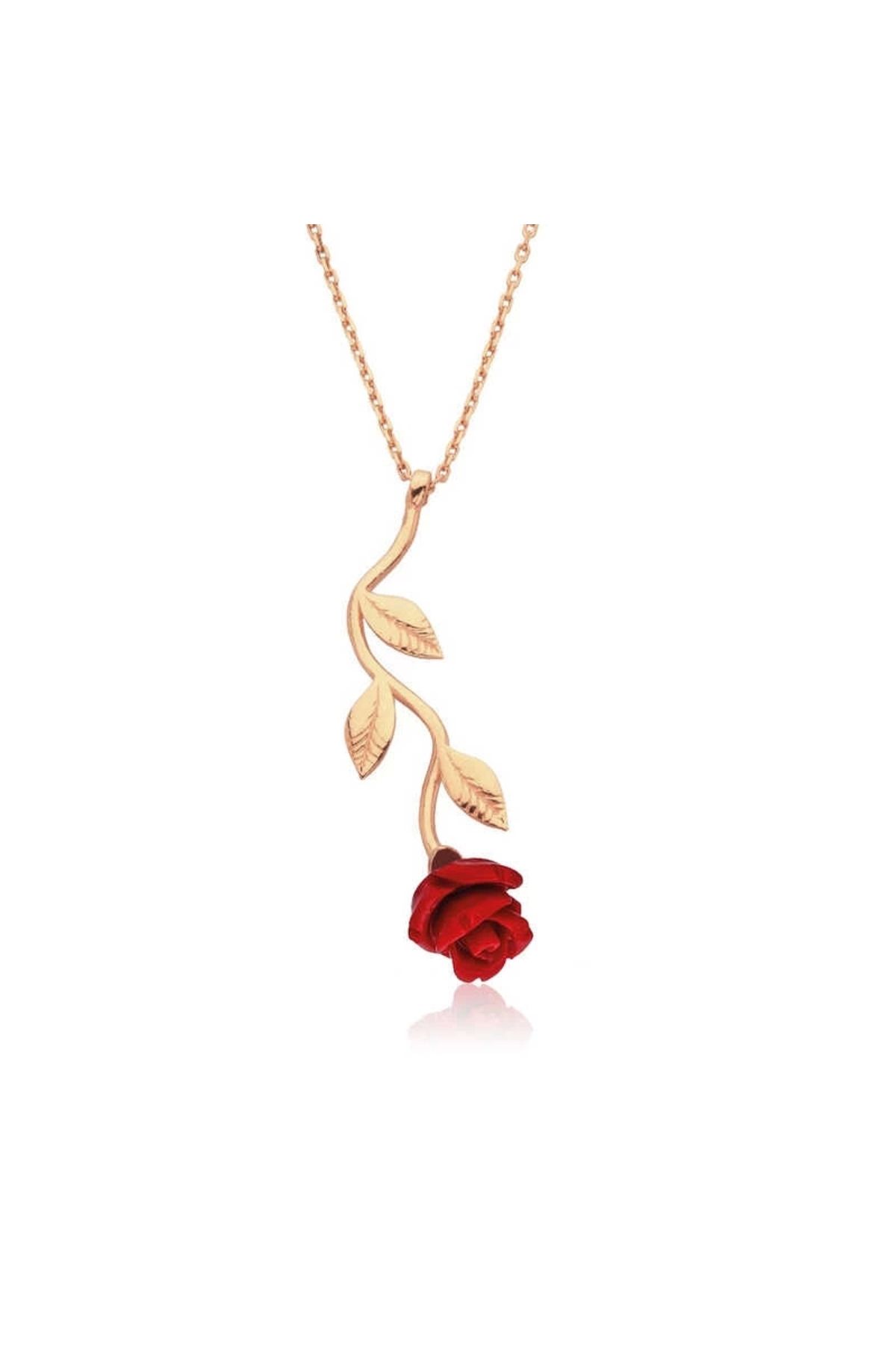 minaydan 925 Ayar Gümüş Rose Kırmızı Gül Kolye