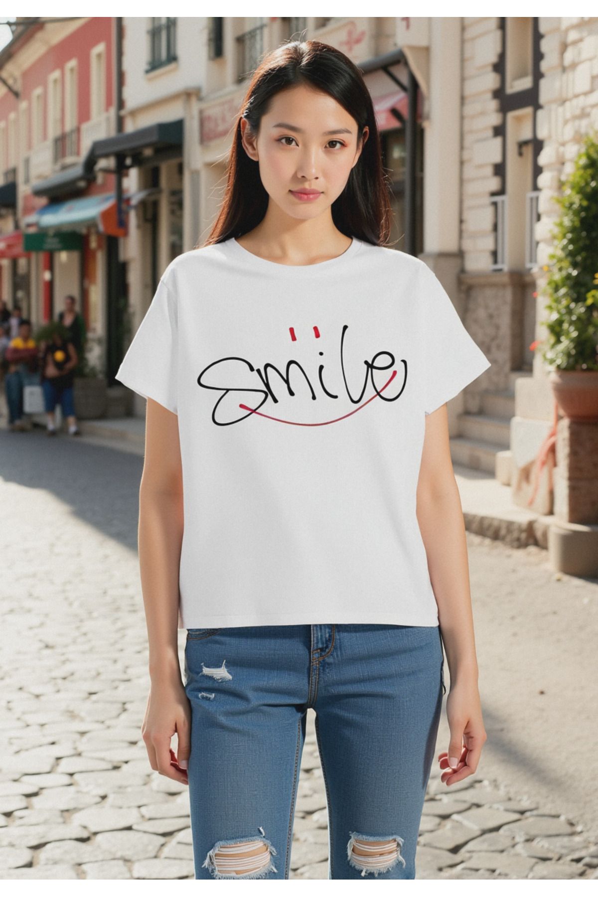 ELNOYA Unisex Pamuklu Beyaz Oversize "Smile" Baskılı Rahat Günlük T-shirt