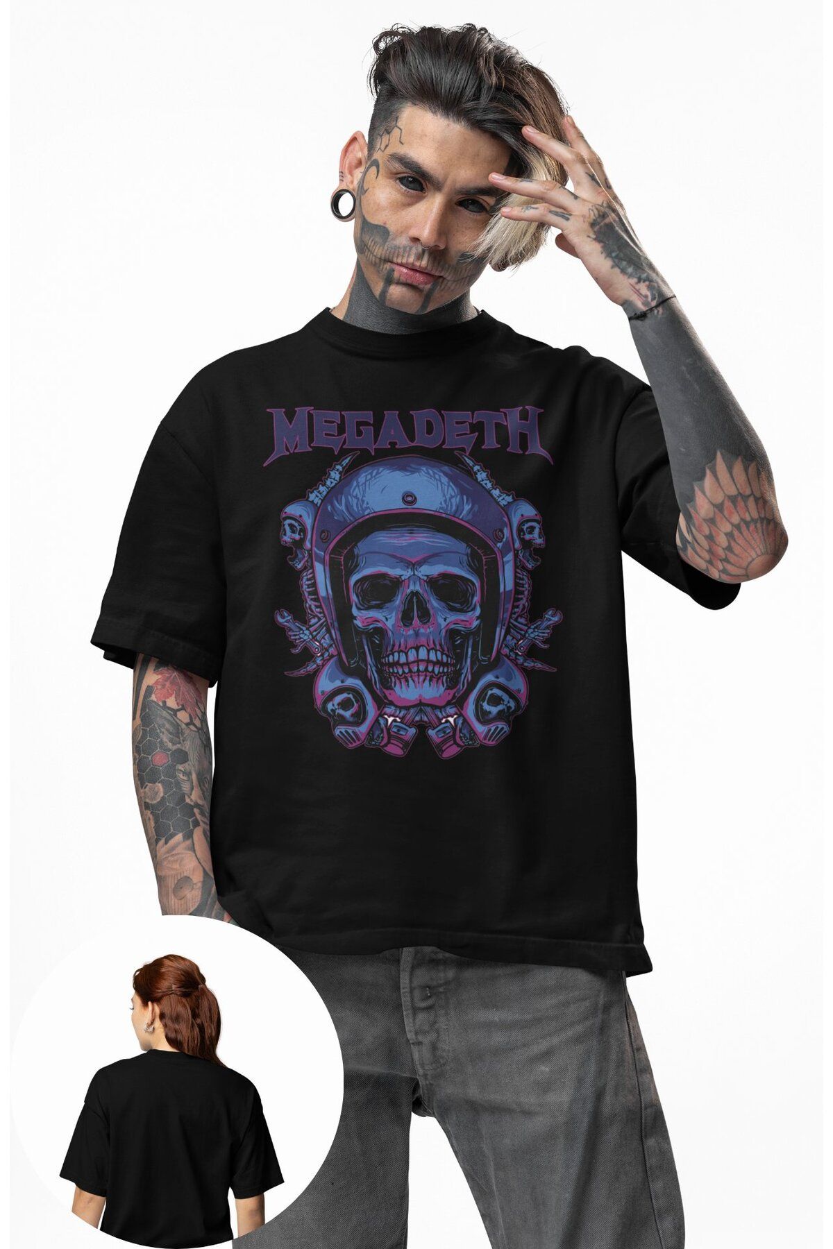 Fuddy Moda Unisex Megadeth Gas Mask Skull Baskılı Tişört, Oversize Rock Band Temalı T-shirt