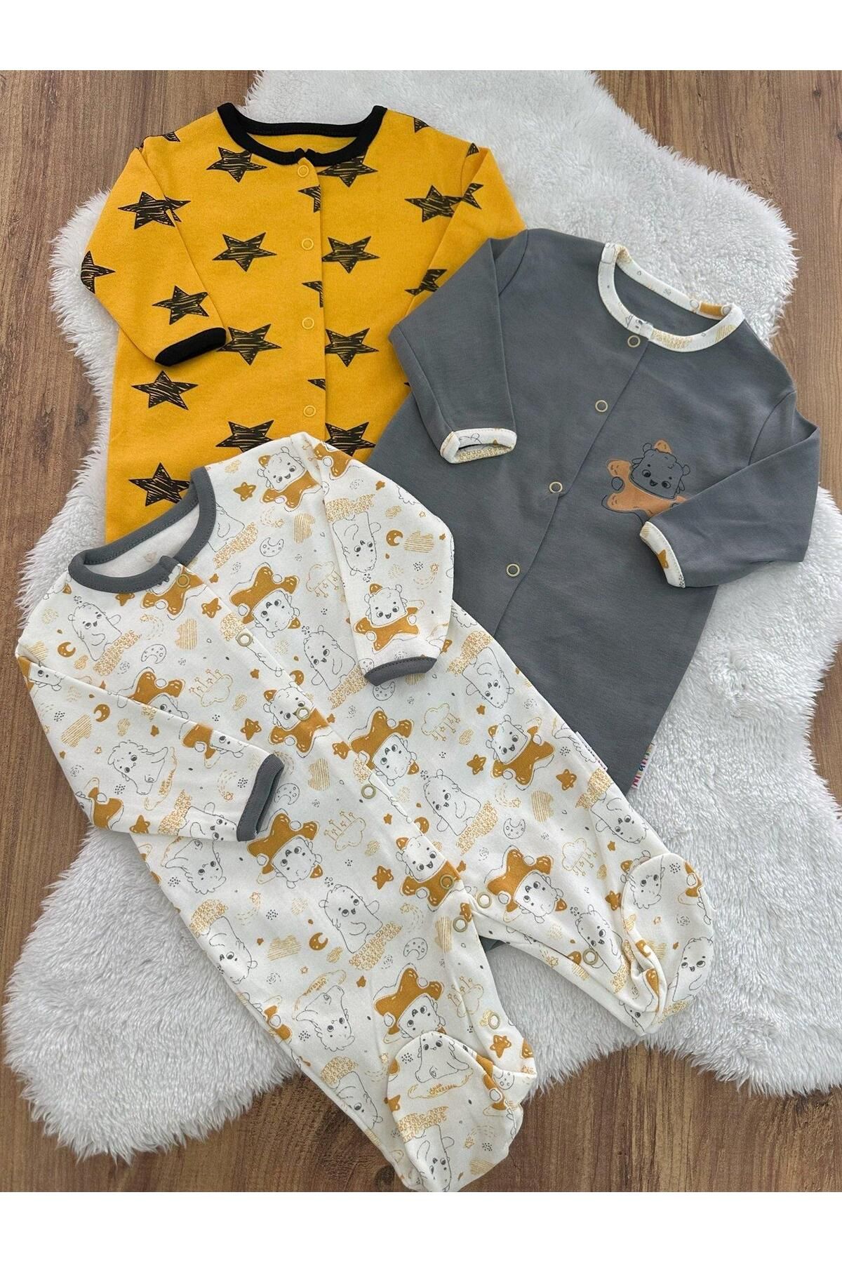 Papyon Baby Kids Sarı Yıldızlı Erkek Bebek 3lü Patikli Tulum 0-3/3-6/6-9 Ay
