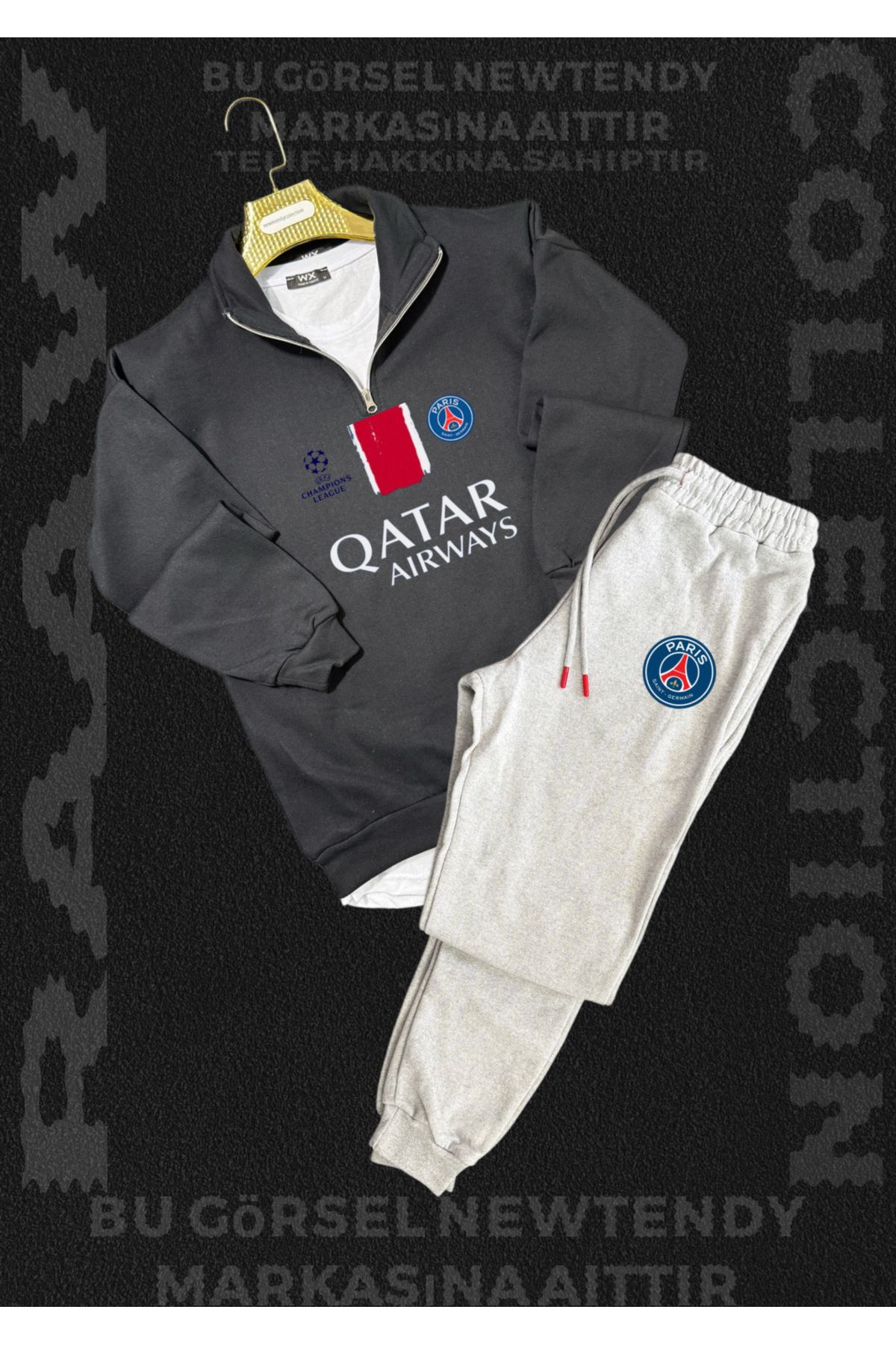 NEW TRENDY COLLECTİON ✅ Paris Sweatshirt yazlık takım dik yaka Üst penye şort alt Şampiyonlar Ligi Logolu 2li kombin