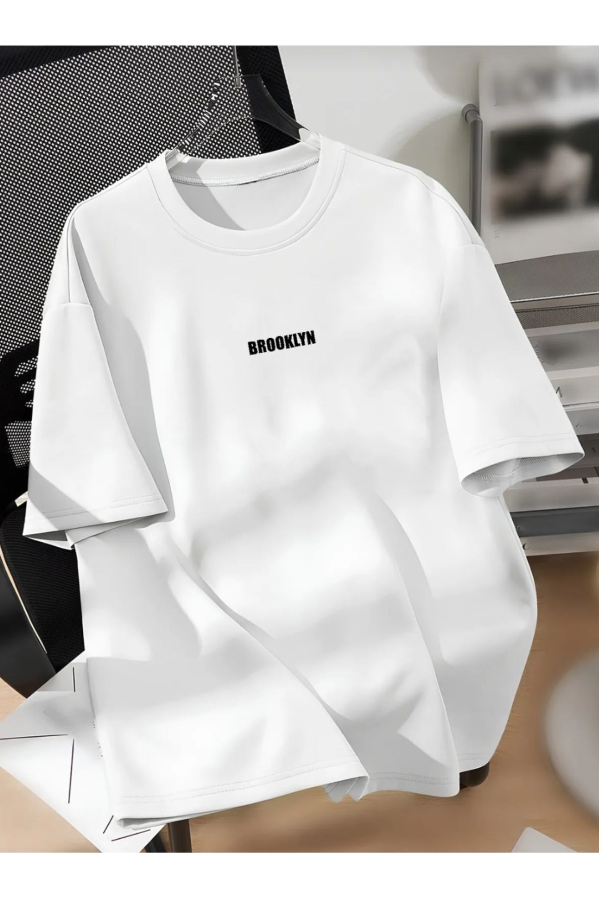 Man Unisex Erkek/Kadın BROOKLYN Renkli Özel Baskılı Oversize Pamuklu Bisiklet Yaka T-shirt