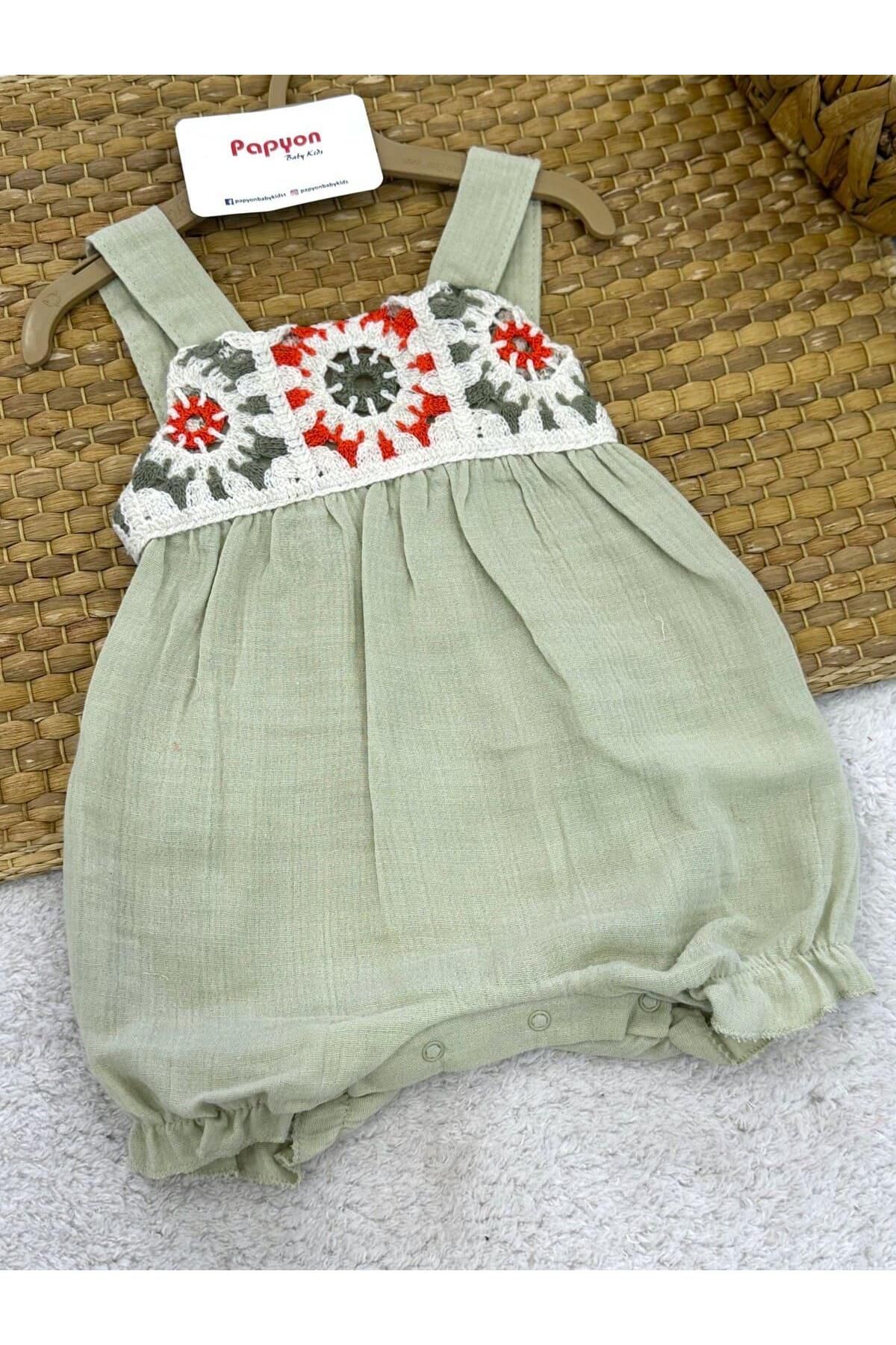 Papyon Baby Kids Tığ İşi Motifli Natural Kız Bebek Müslin Askılı Şort Tulum (3-6/6-9/9-12 Ay)